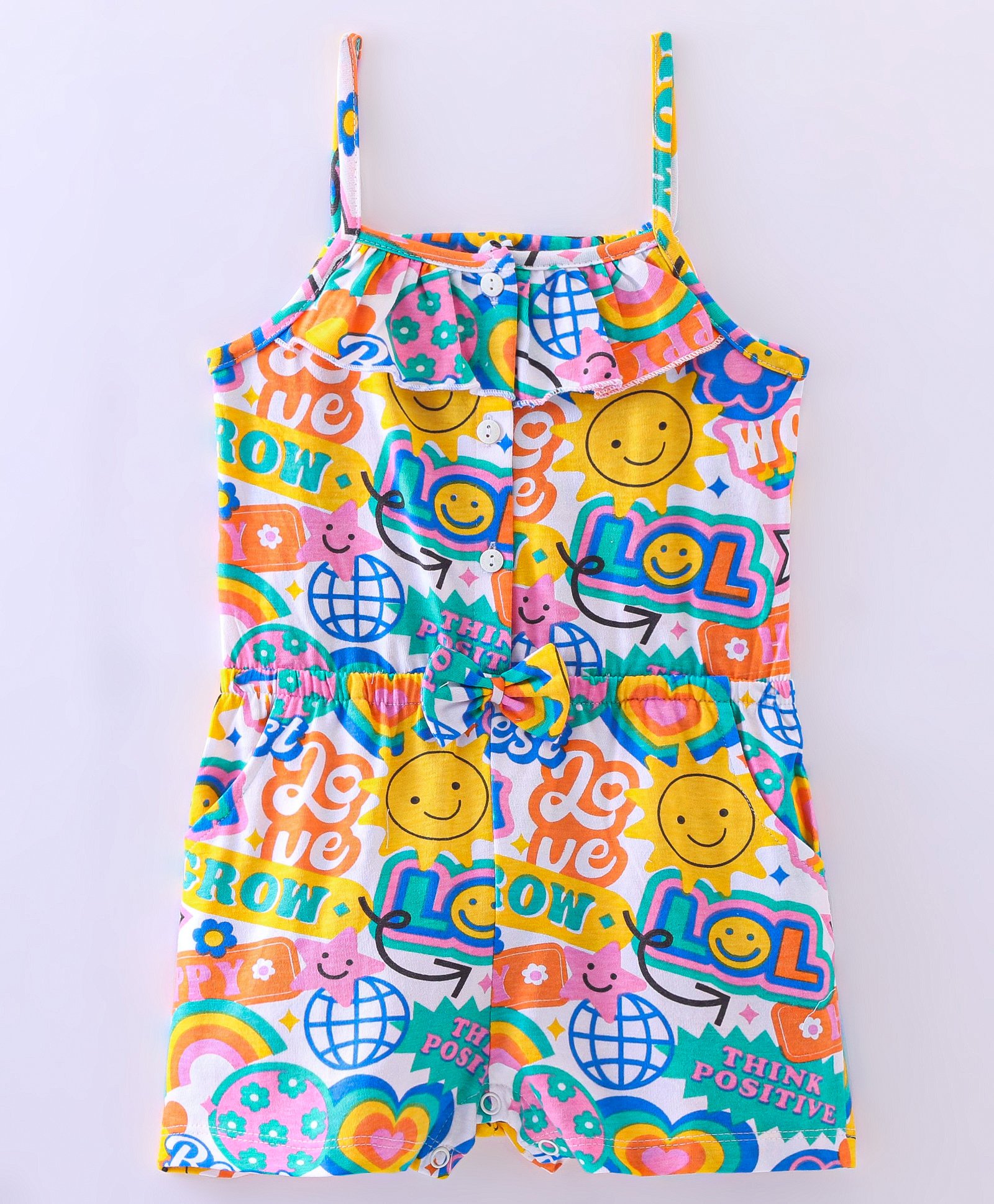 Babyhug Cotton Jersey Sleeveless Emoji & Text Printed Jumpsuit with Bow Applique - Multicolour-image-36