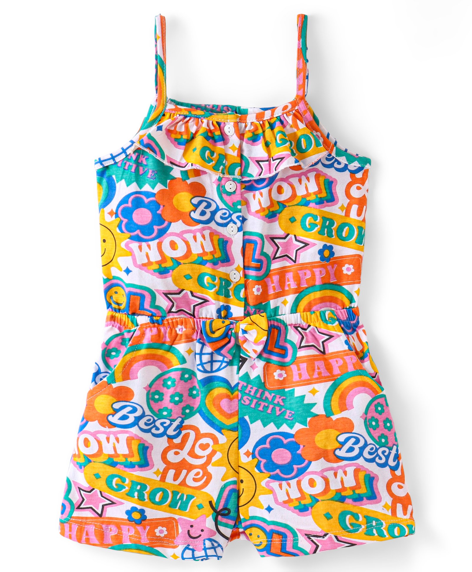 Babyhug Cotton Jersey Sleeveless Emoji & Text Printed Jumpsuit with Bow Applique - Multicolour-picture-14