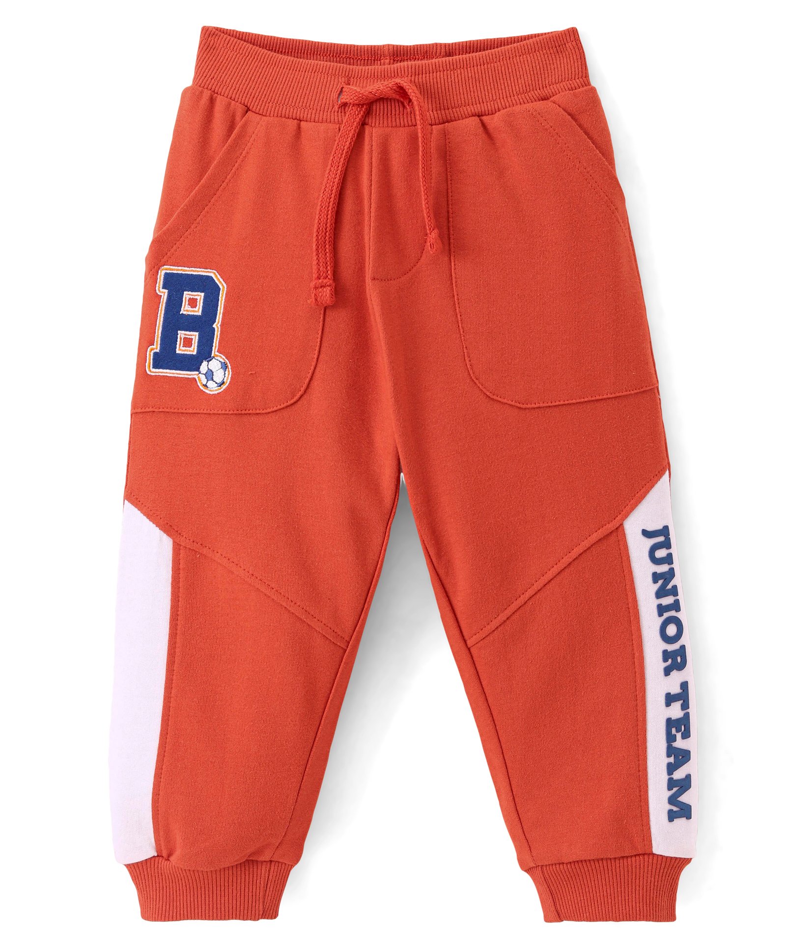 Babyhug Cotton Looper Knit Full Length Track Pant Soccer Ball Embroidery - Orange-image-38