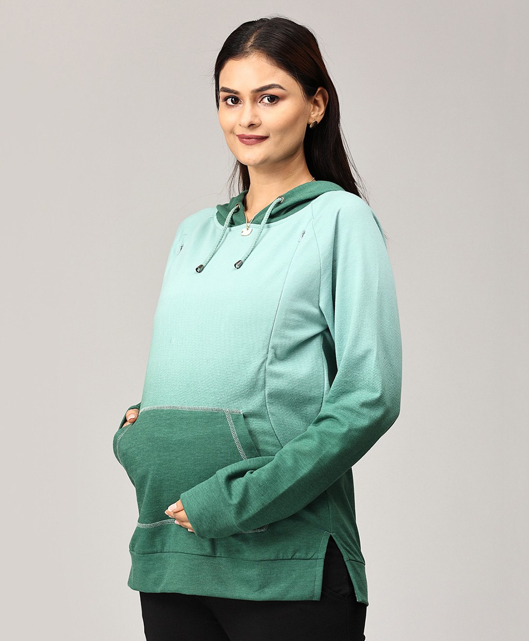 The Mom Store Full Sleeves Ombre Maternity Hooded Sweatshirt With Concealed Zipper Nursing Access - Green-picture-25