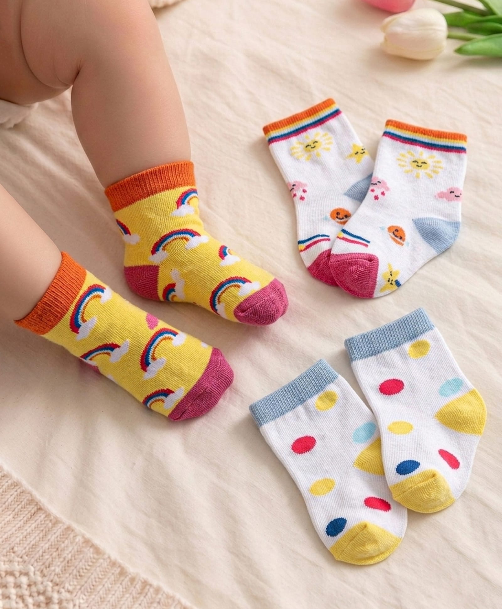 cute walk by babyhug Cute WalkBy Babyhug Anti-Bacterial Ankle Length Socks Rainbow Polka Dot & Sun Design Pack Of 3- Yellow & White-picture-28