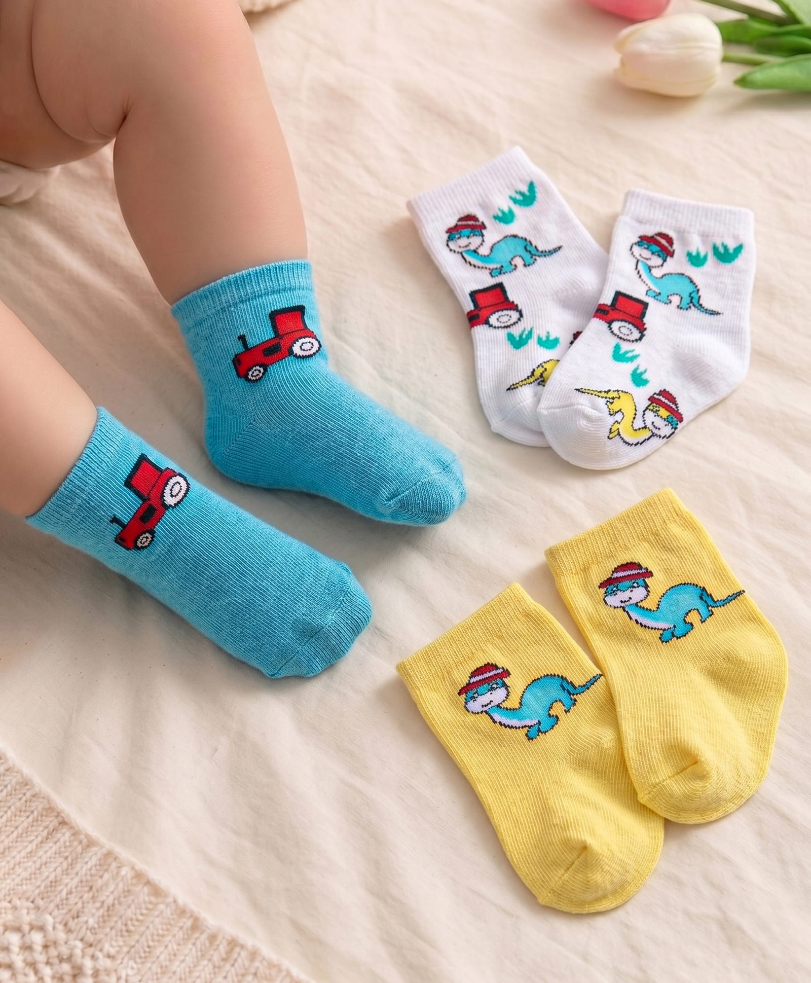 Cute Walk By Babyhug Anti-Bacterial Ankle Length Socks Dino & Tractor Design Pack Of 3- White Yellow & Blue-image-31