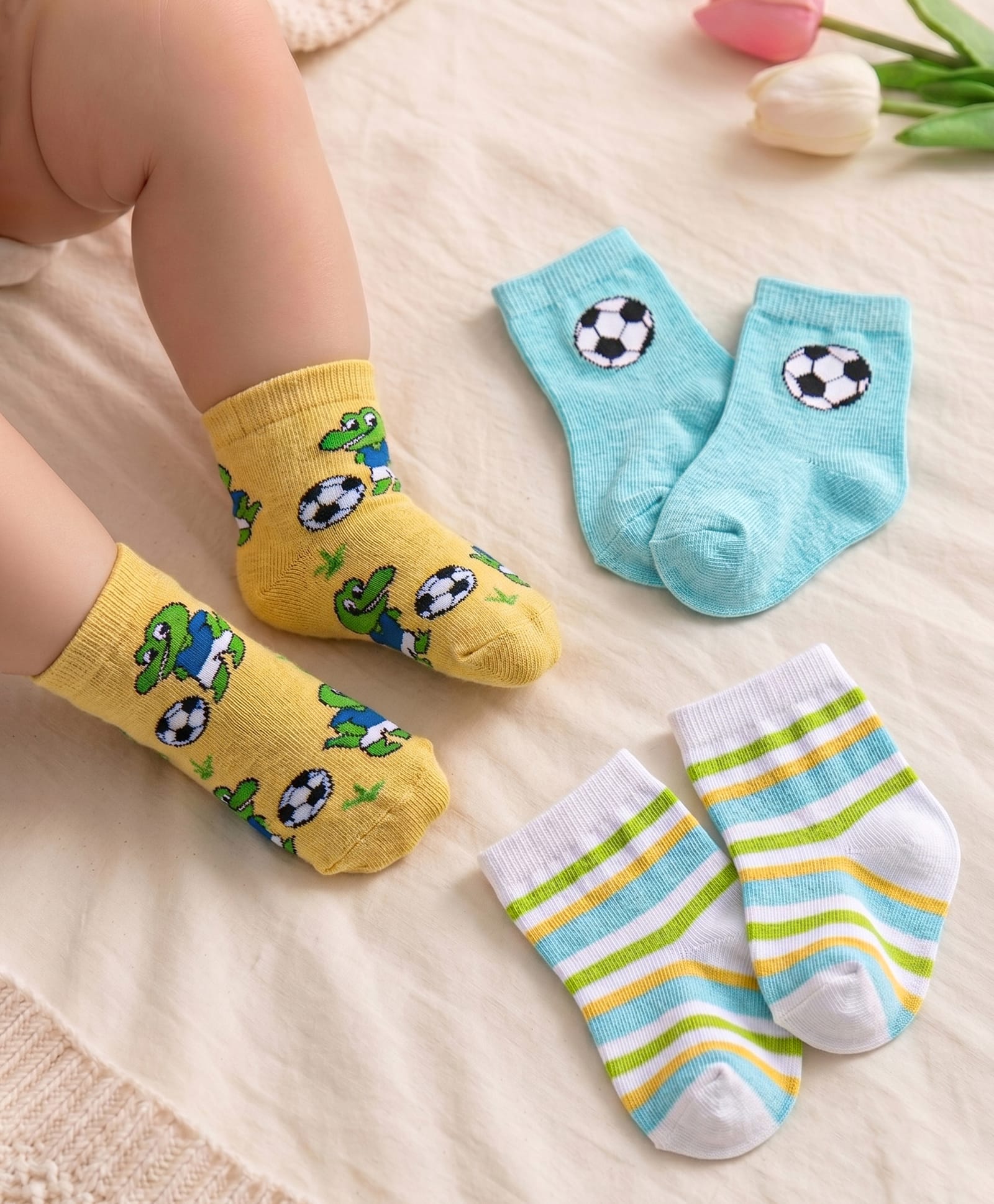Cute Walk By Babyhug Anti-Bacterial Ankle Length Socks Striped Crocodile & Football Design Pack Of 3- White Yellow & Blue-image-25