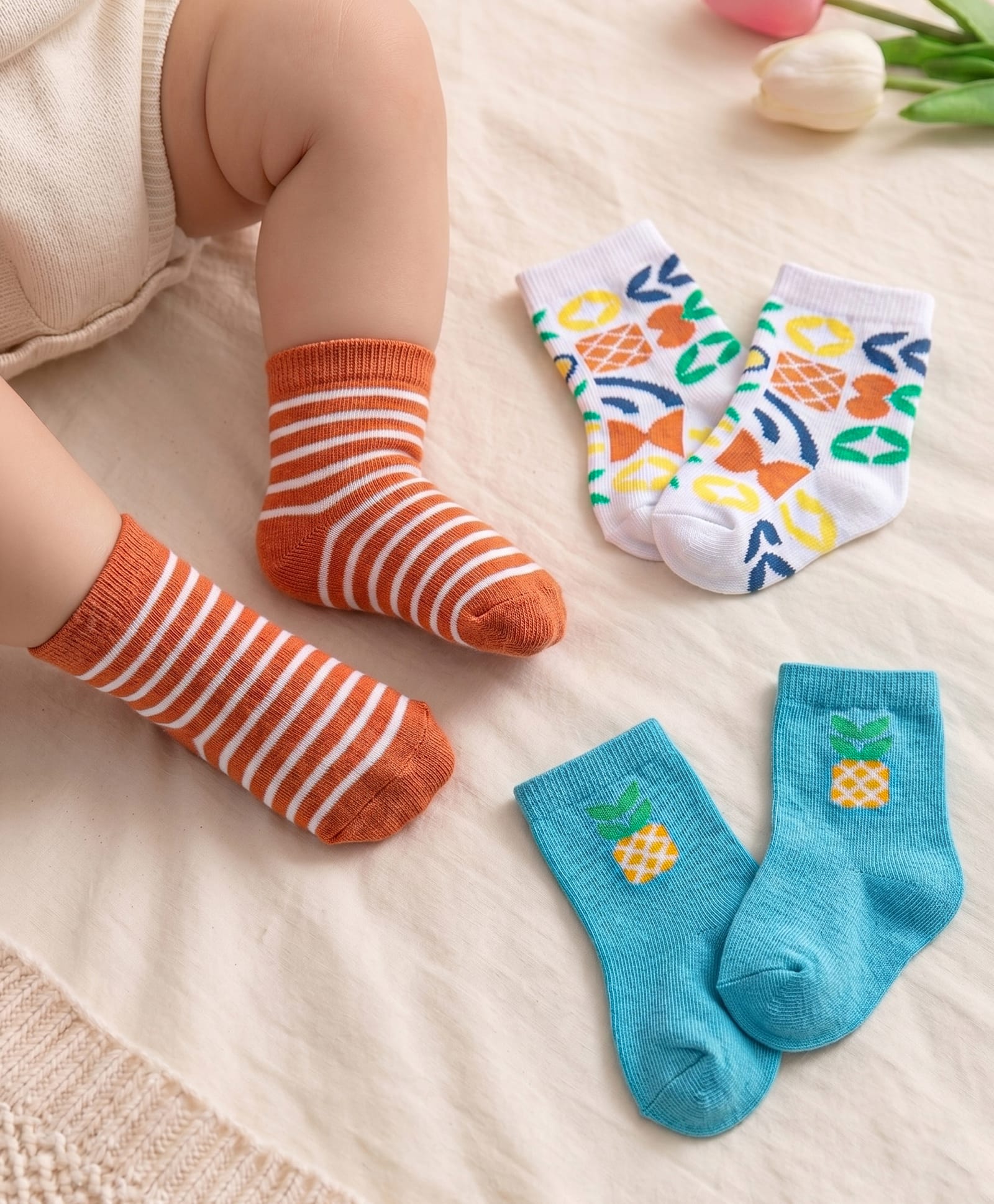 Cute Walk By Babyhug Anti-Bacterial Ankle Length Socks Striped  & Fruit Design Pack Of 3-  Red White & Blue-image-49