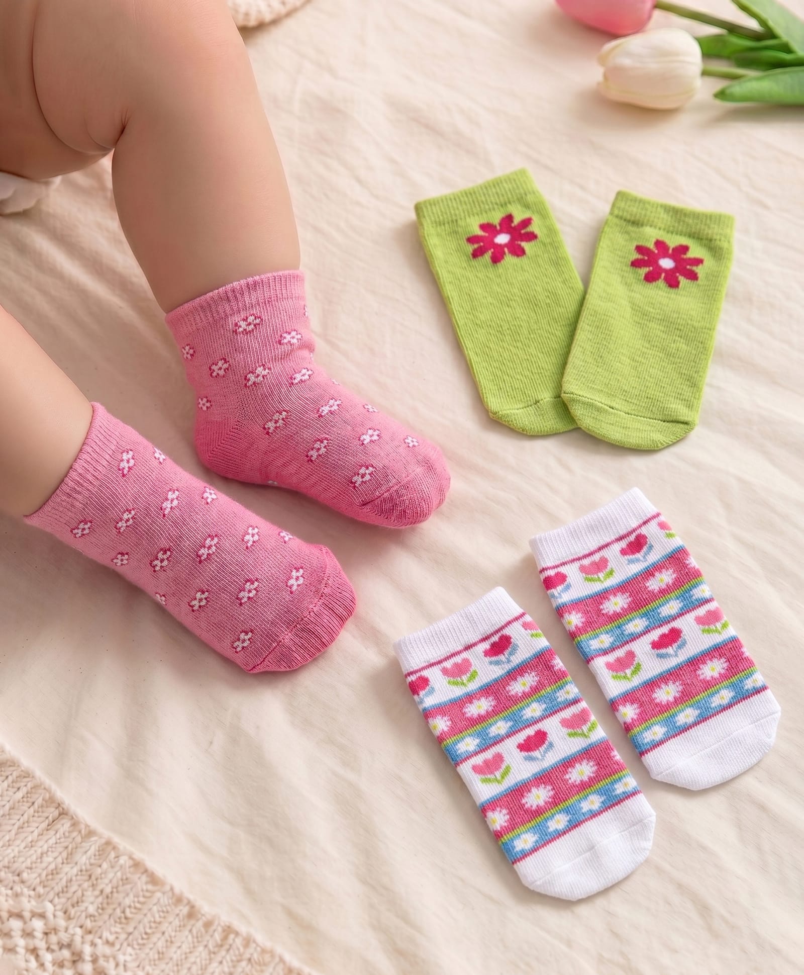 Cute Walk By Babyhug Anti-Bacterial Ankle Length Socks Floral Design Pack Of 3 - Multicolor-image-30