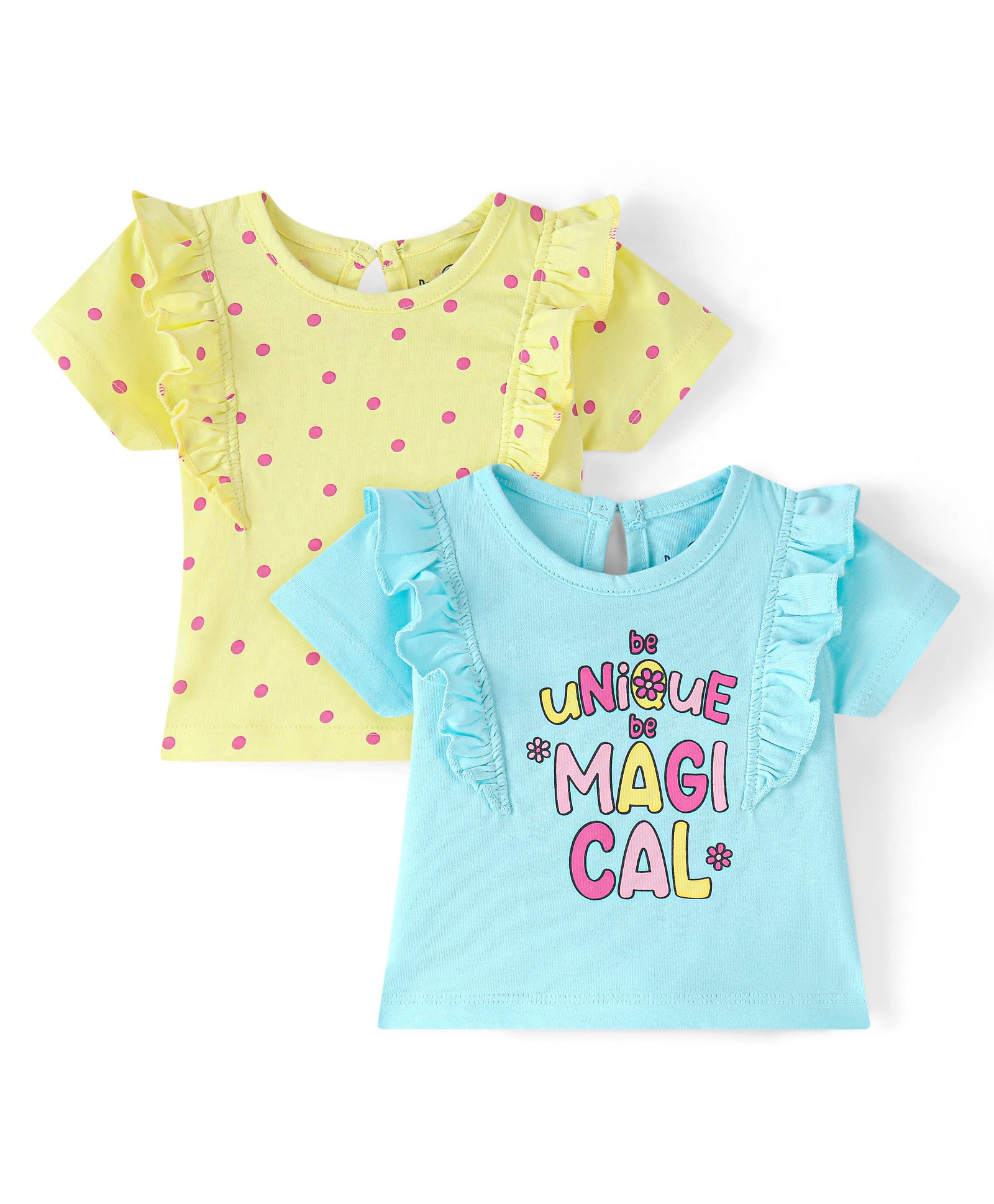 Doodle Poodle 100% Cotton Knit Half Sleeves  T-Shirts with Frill Detailing  Polka Dot & Text Print Pack of 2 - Yelllow & Blue-picture-39