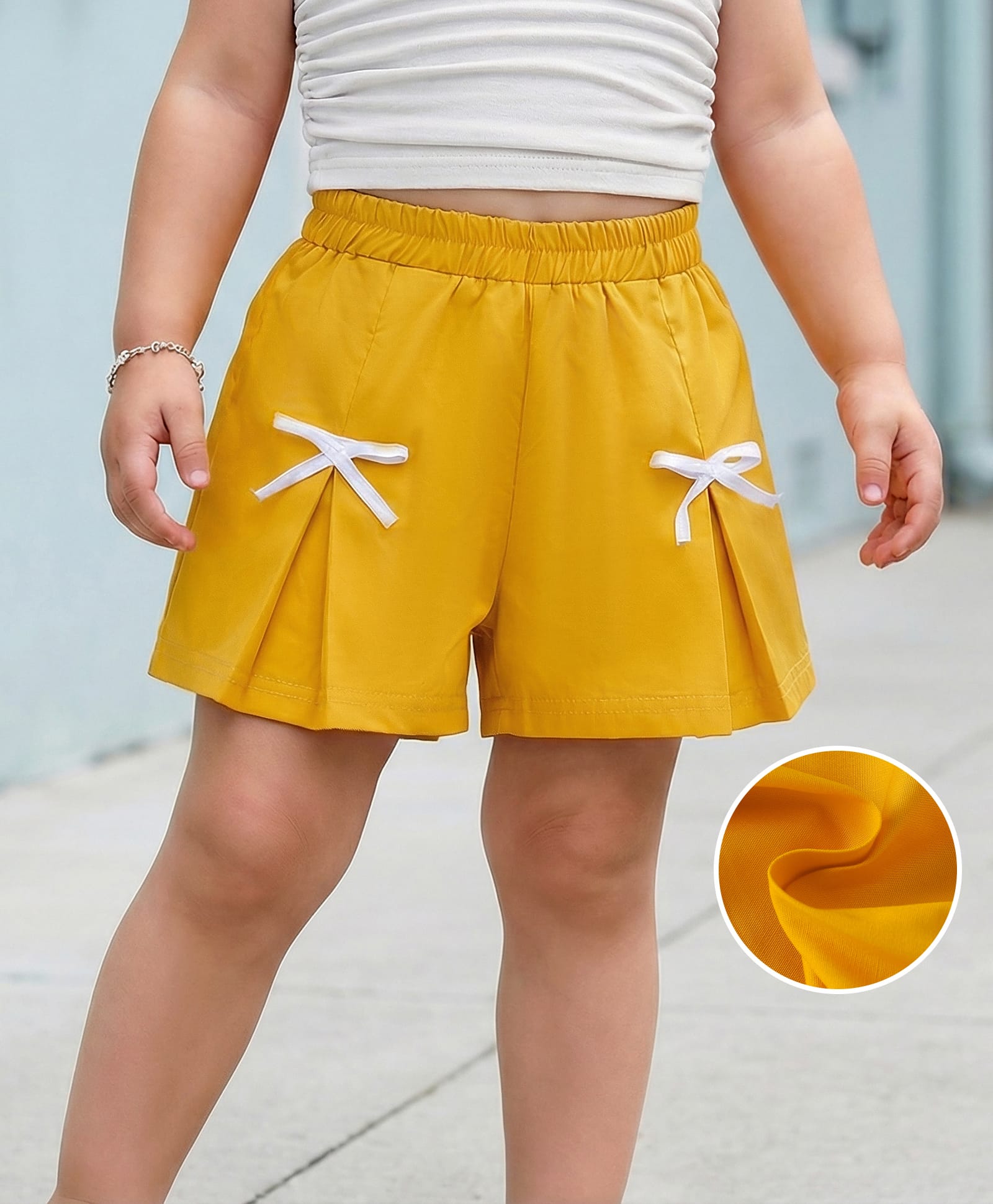 Kookie Kids 100% Cotton Shorts With Bow Applique Solid Colour - Yellow-picture-10