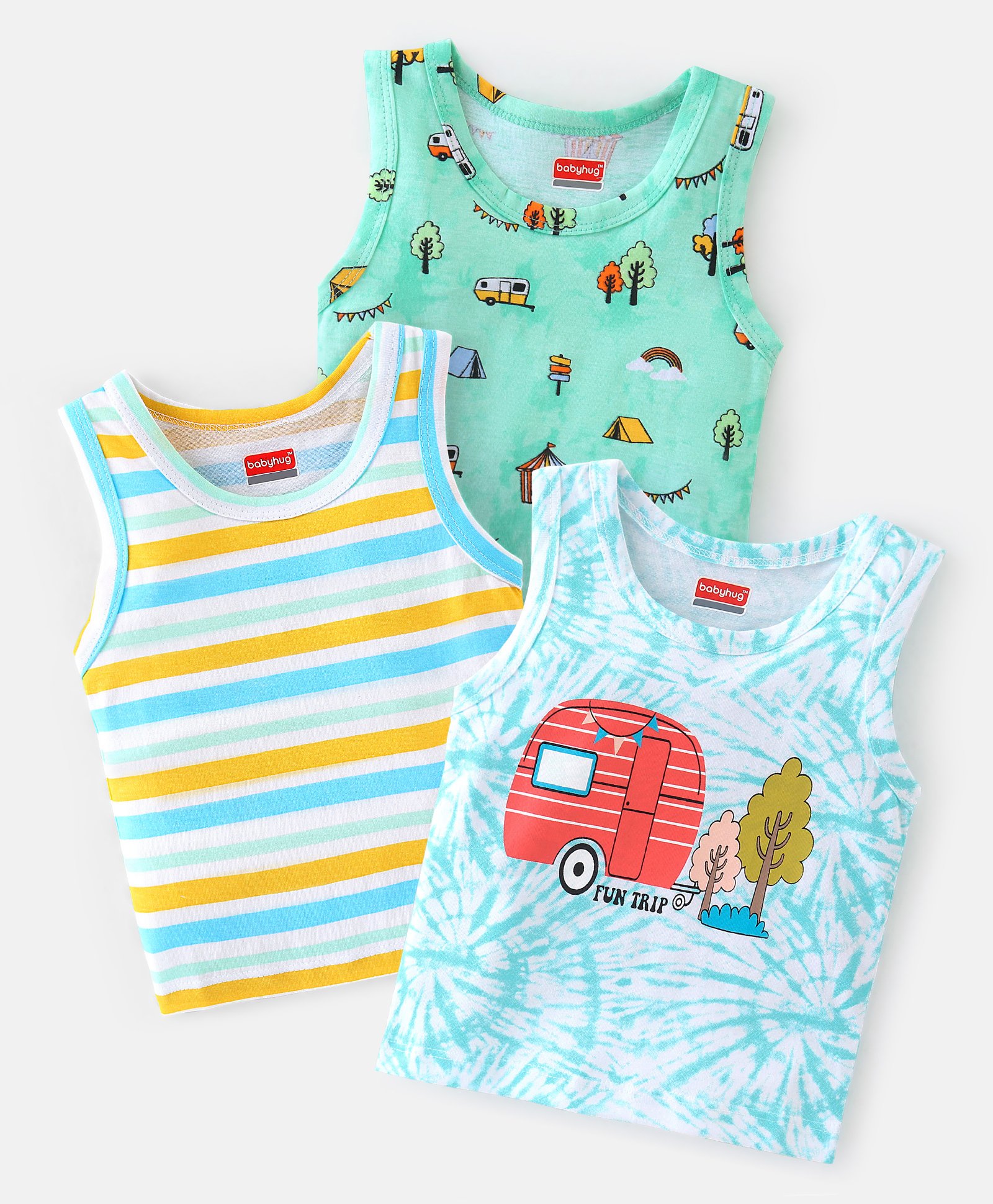 Babyhug 100% Cotton Knit  Sleeveless Sando Striped & Vehicle Pack of 3- Multicolor-picture-22