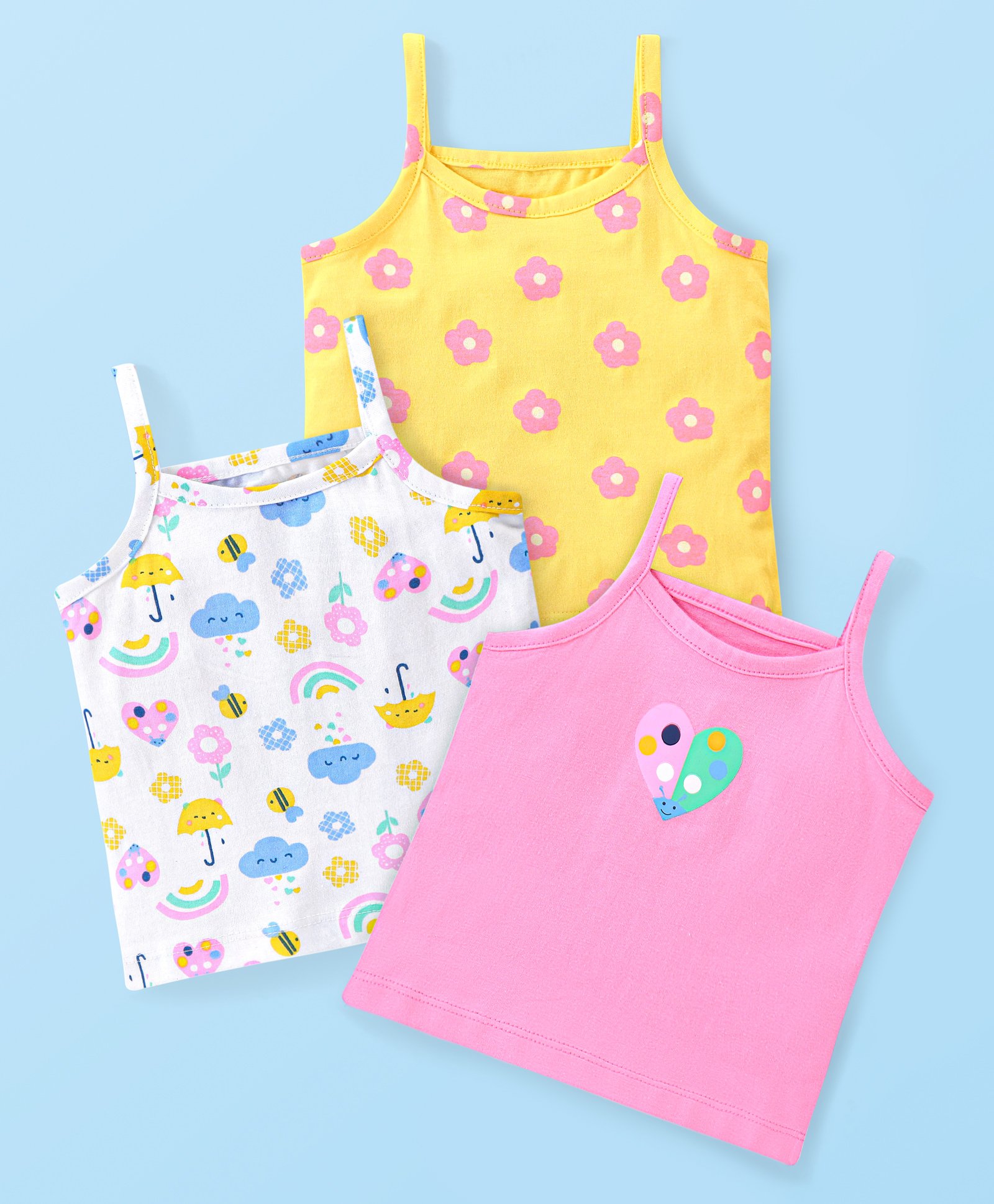 Babyhug 100% Cotton Knit Sleeveless Floral & Heart Printed Slips Pack of 3 - Multicolour-picture-14