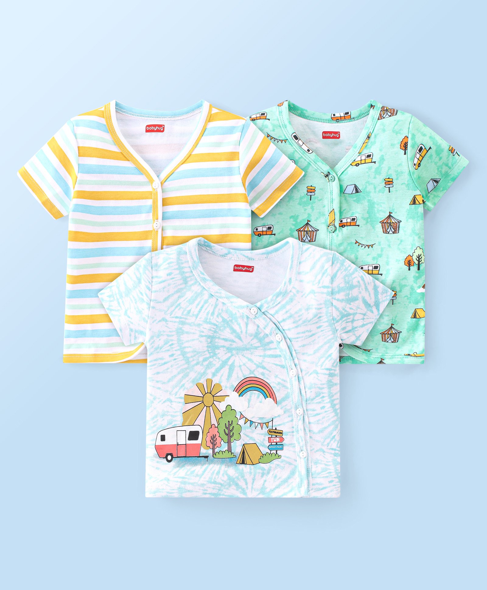 Babyhug 100% Cotton Knit Half Sleeves Front Open Striped Vests Pack of 3 - Multicolor-image-37