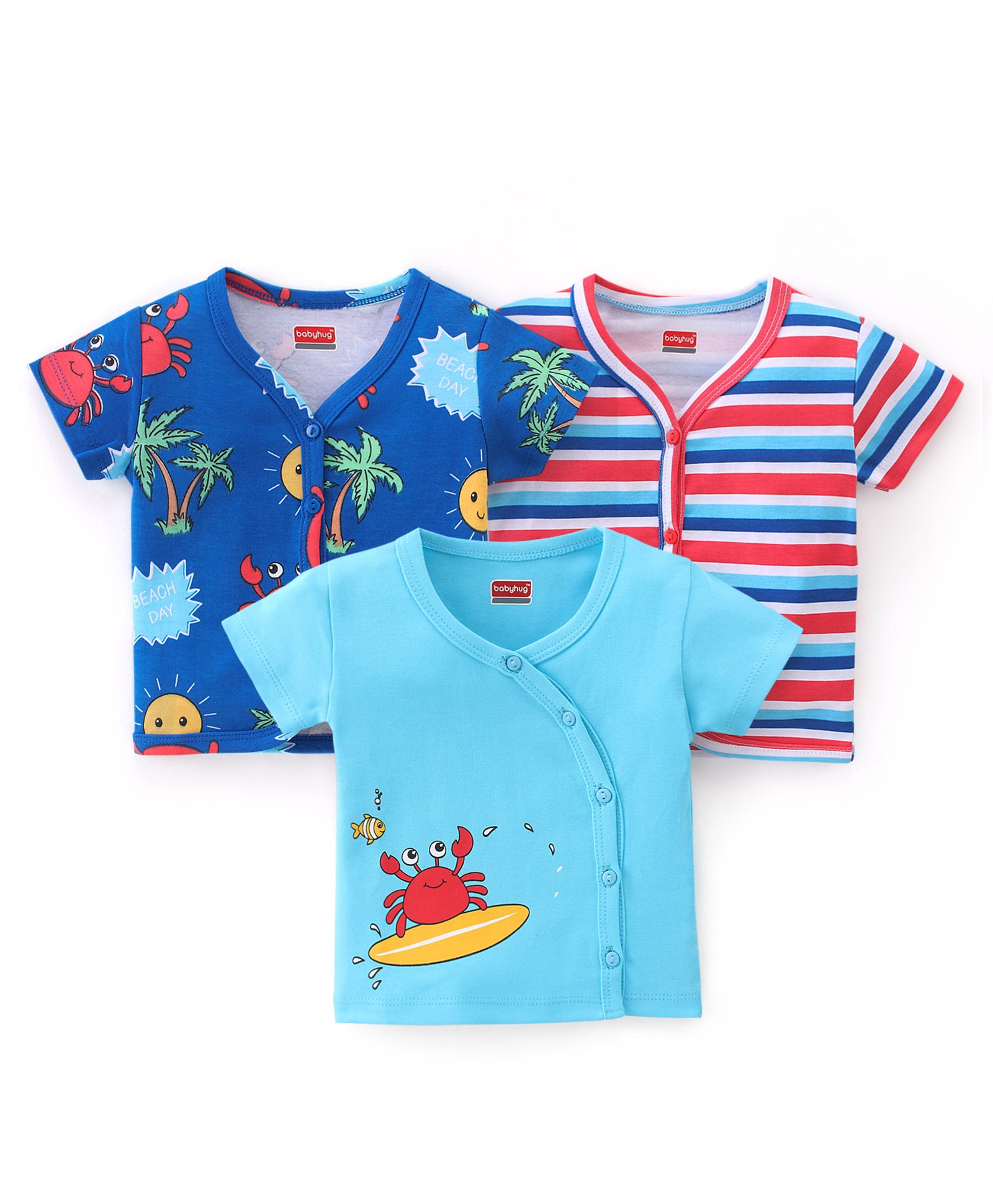 Babyhug 100% Cotton Knit Half Sleeves Front Open Vest Striped & Beach Theme Pack of 3 - Blue Red & White-image-25