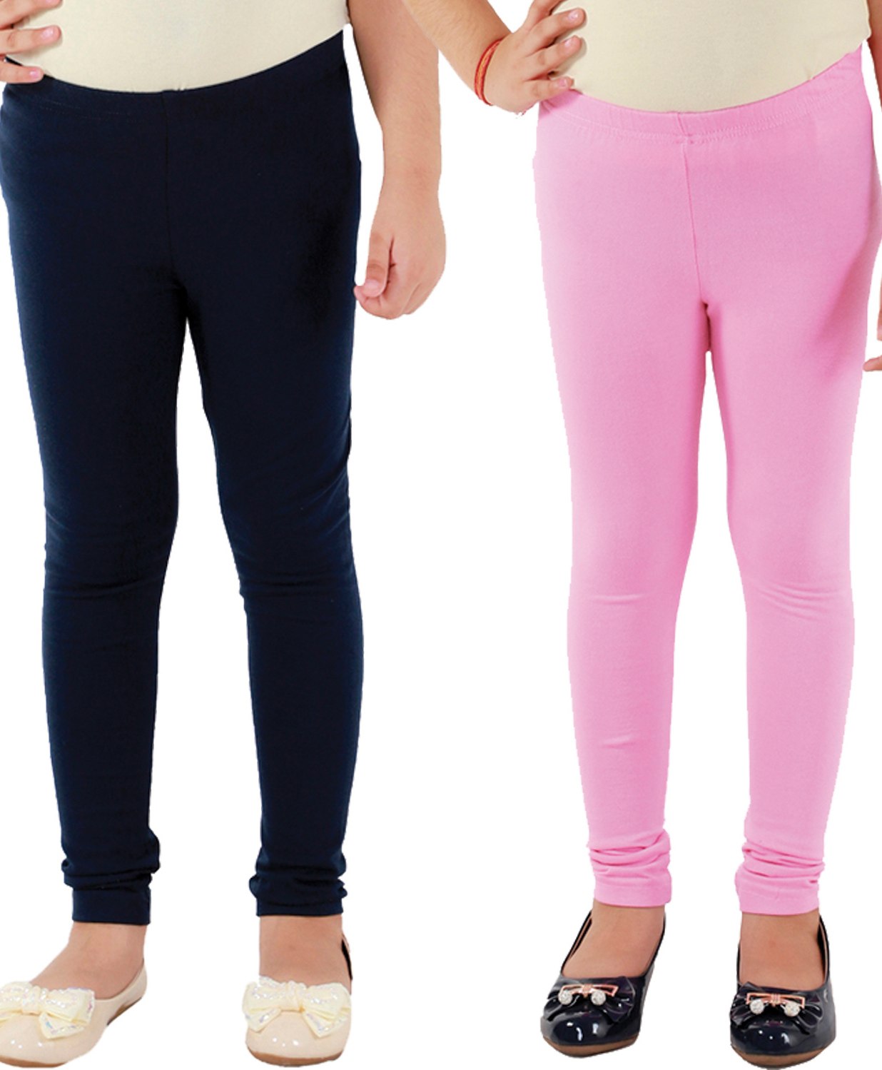 Kids Cave Set Of 2 Cotton Jersey Solid Leggings - Mauve Pink & Blue-image-28