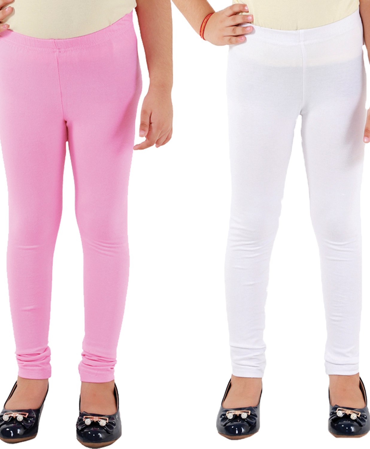 Kids Cave Pack Of 2 Cotton Jersey Solid Leggings - White & Pink-image-40