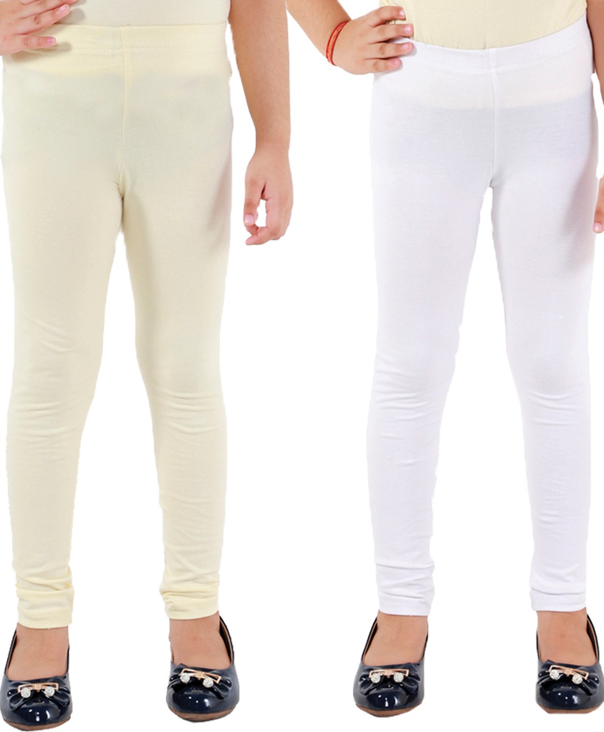 Kids Cave Set Of 2 Cotton Jersey Solid Leggings - White & Beige-picture-8