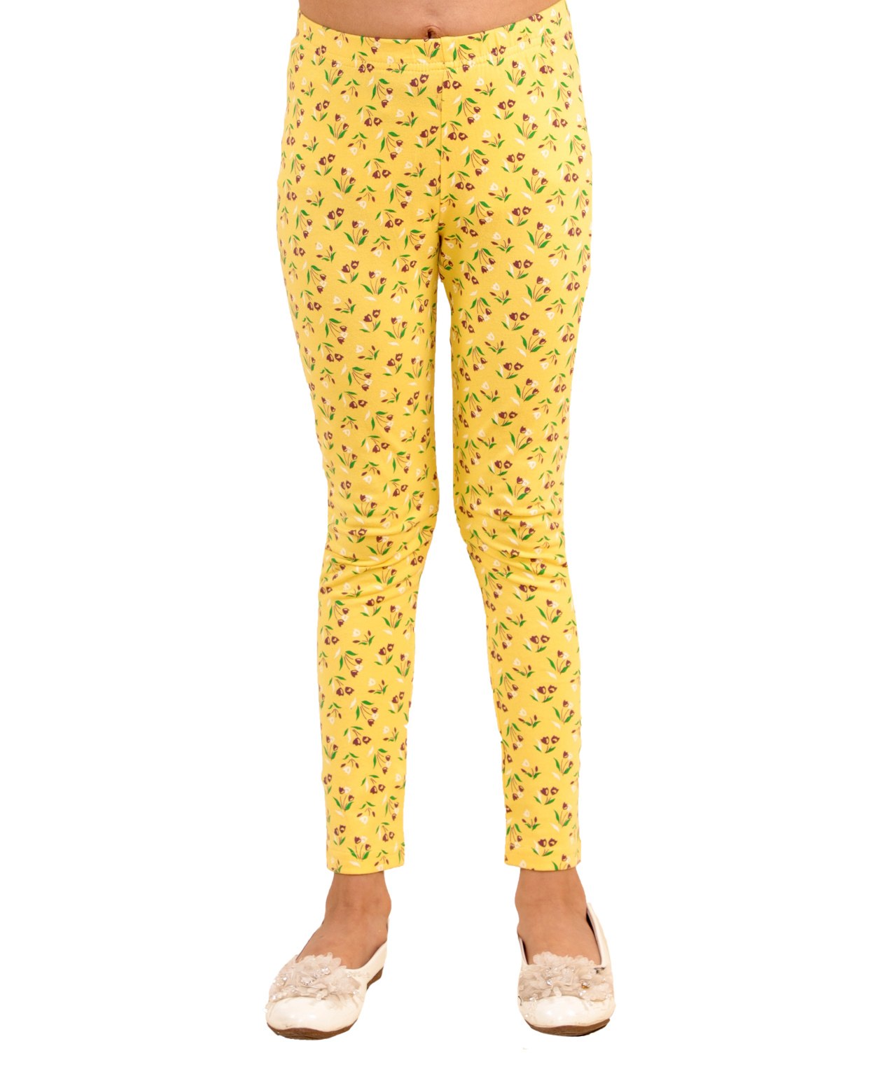 Kids Cave Cotton Jersey Flower  Printed Leggings - Yellow-image-32