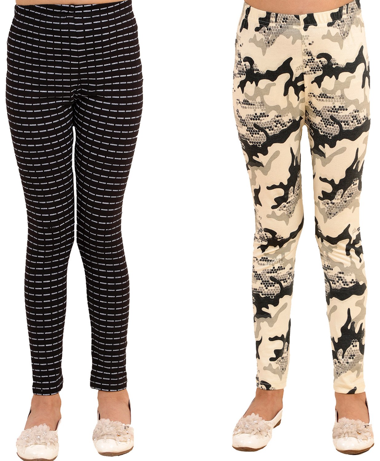 Kids Cave Pack Of 2 Cotton Jersey Abstract Design  Printed Leggings  - Black & Beige-picture-42