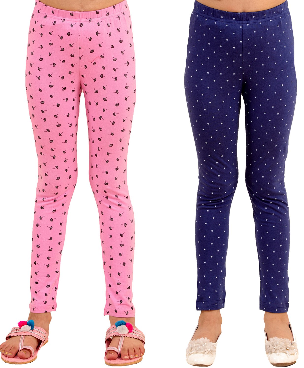 Kids Cave Pack Of 2 Cotton Jersey Abstract Design & Start Printed Leggings - Pink & Blue-image-46