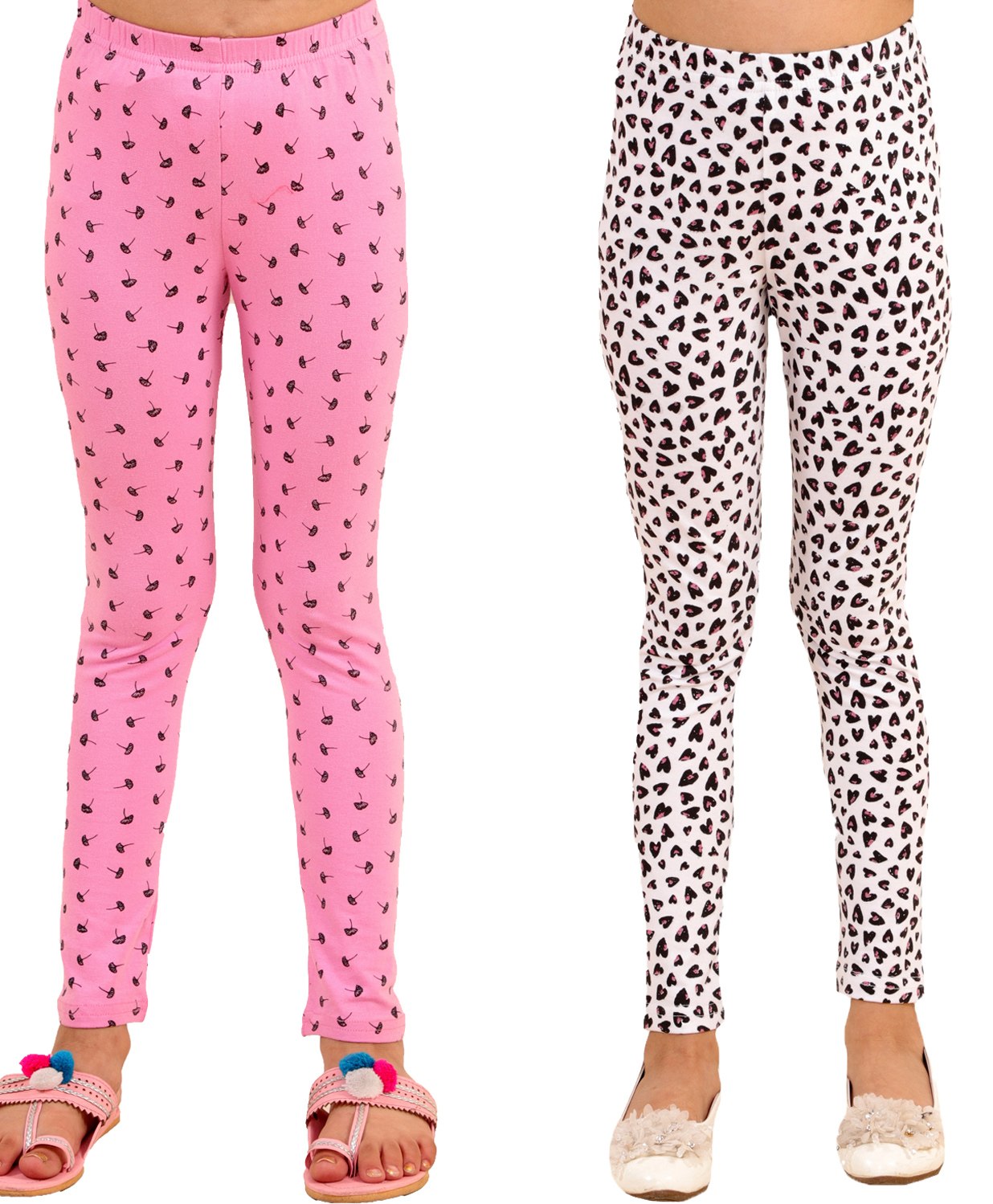 Kids Cave Pack Of 2 Cotton Jersey Abstract Design & Heart Printed Leggings - Pink & White-image-46