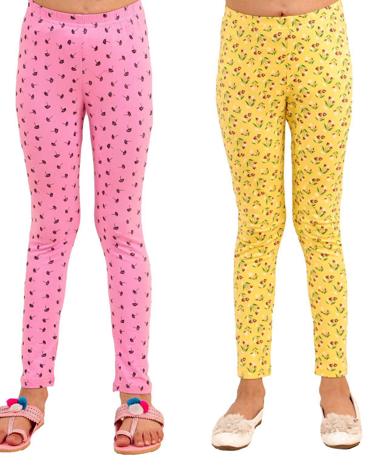 Kids Cave Pack Of 2 Cotton Jersey Abstract Design & Flower Printed Leggings - Pink & Yellow-picture-15
