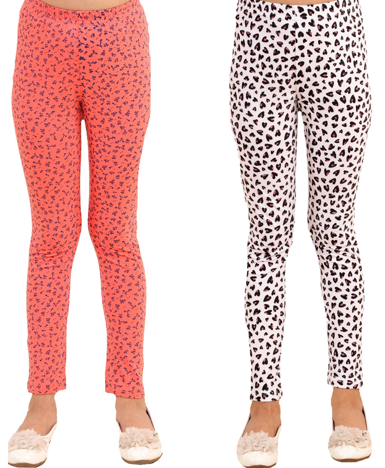 Kids Cave Pack Of 2 Cotton Jersey Flower & Heart Printed Leggings - Orange & White-image-39