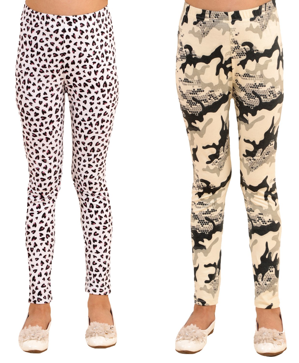 Kids Cave Pack Of 2 Cotton Jersey Abstract Design  & Heart Printed Leggings - White & Beige-picture-18