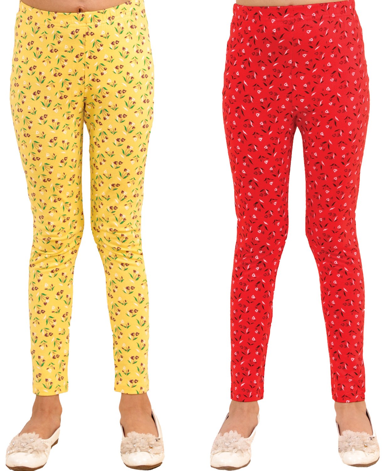 Kids Cave Pack Of 2 Cotton Jersey  Flower Printed Leggings - Yellow & Red-picture-14