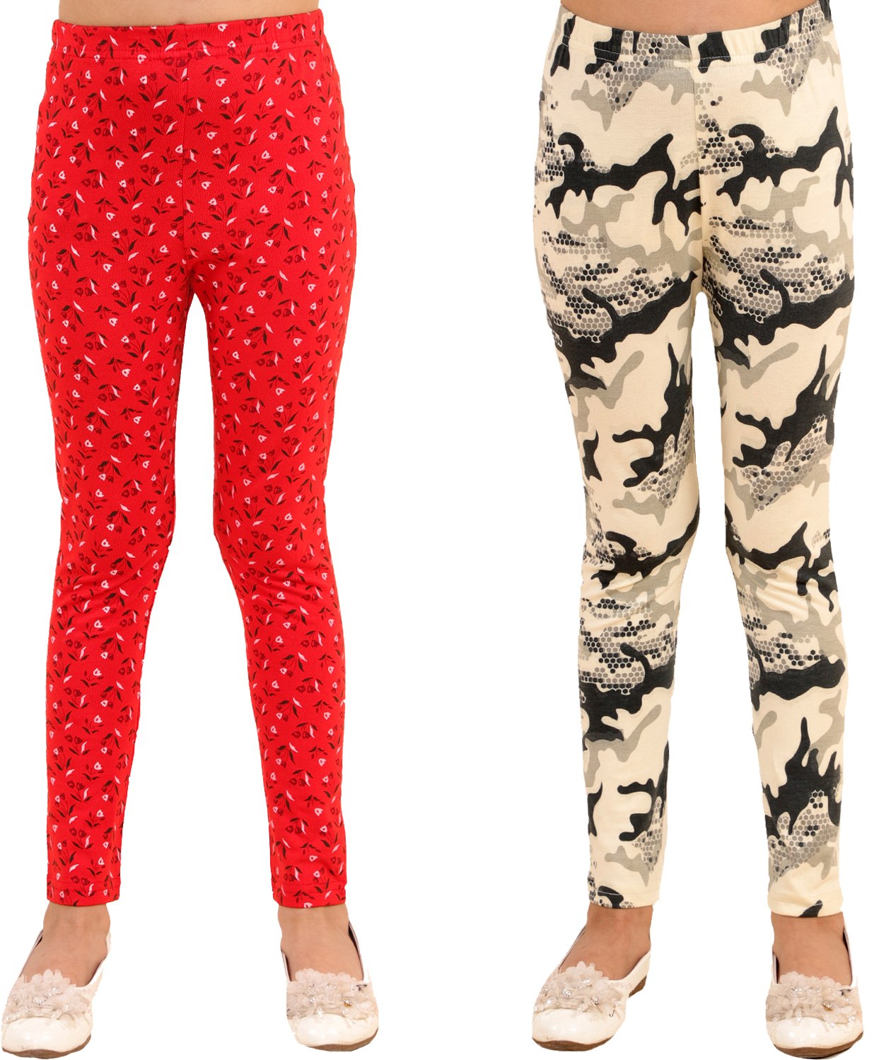 Kids Cave Pack Of 2 Cotton Jersey Flower & Abstract Design Printed Leggings - Red & Beige-picture-13