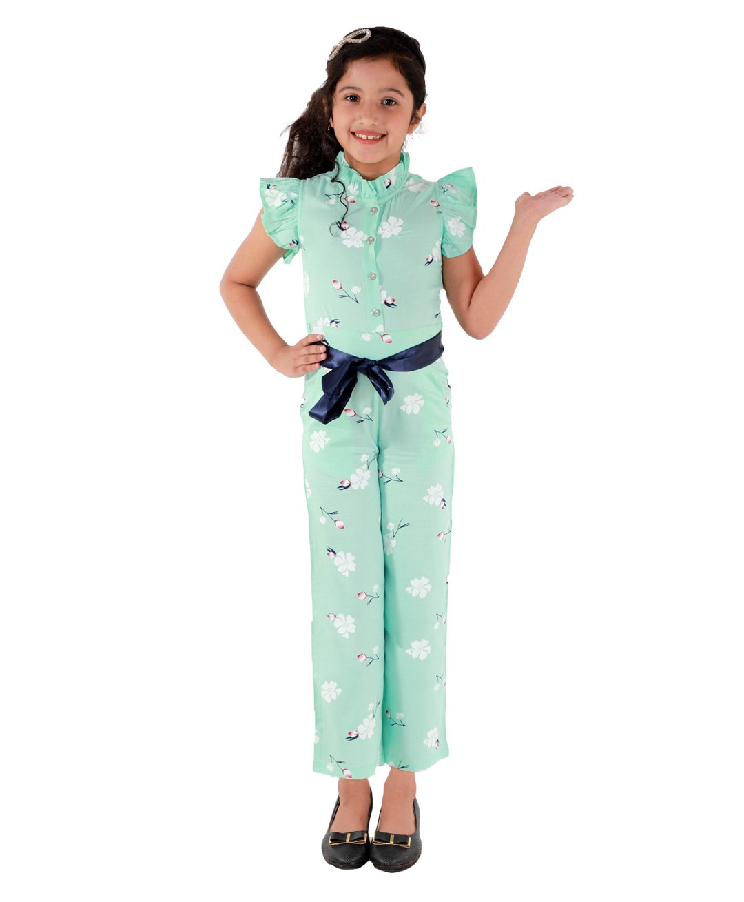 Kids Cave  Cap Sleeves Floral Printed Jumpsuit - Light Green-image-18
