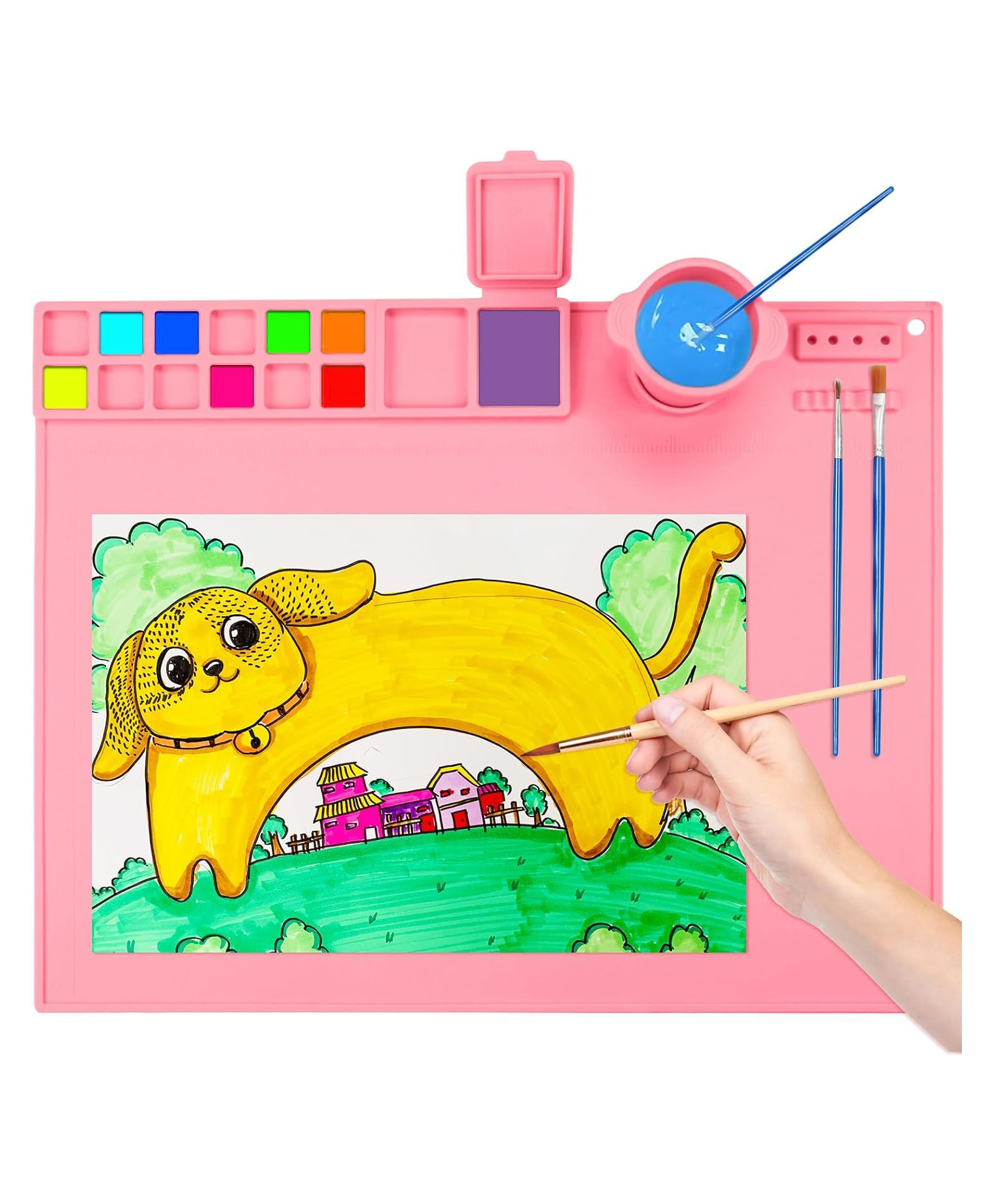 KolorFish Silicone Art Mat with Cup, Painting Mat for Crafts, Artist Mat with Brush Holders for Kids Gift, Clay, DIY Creations and Play Doh (Pink)-picture-18