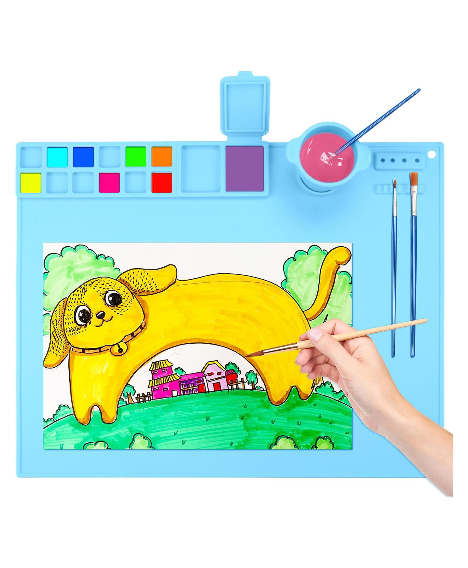 KolorFish Silicone Art Mat with Cup, Painting Mat for Crafts, Artist Mat with Brush Holders for Kids Gift, Clay, DIY Creations and Play Doh (Blue)-picture-17