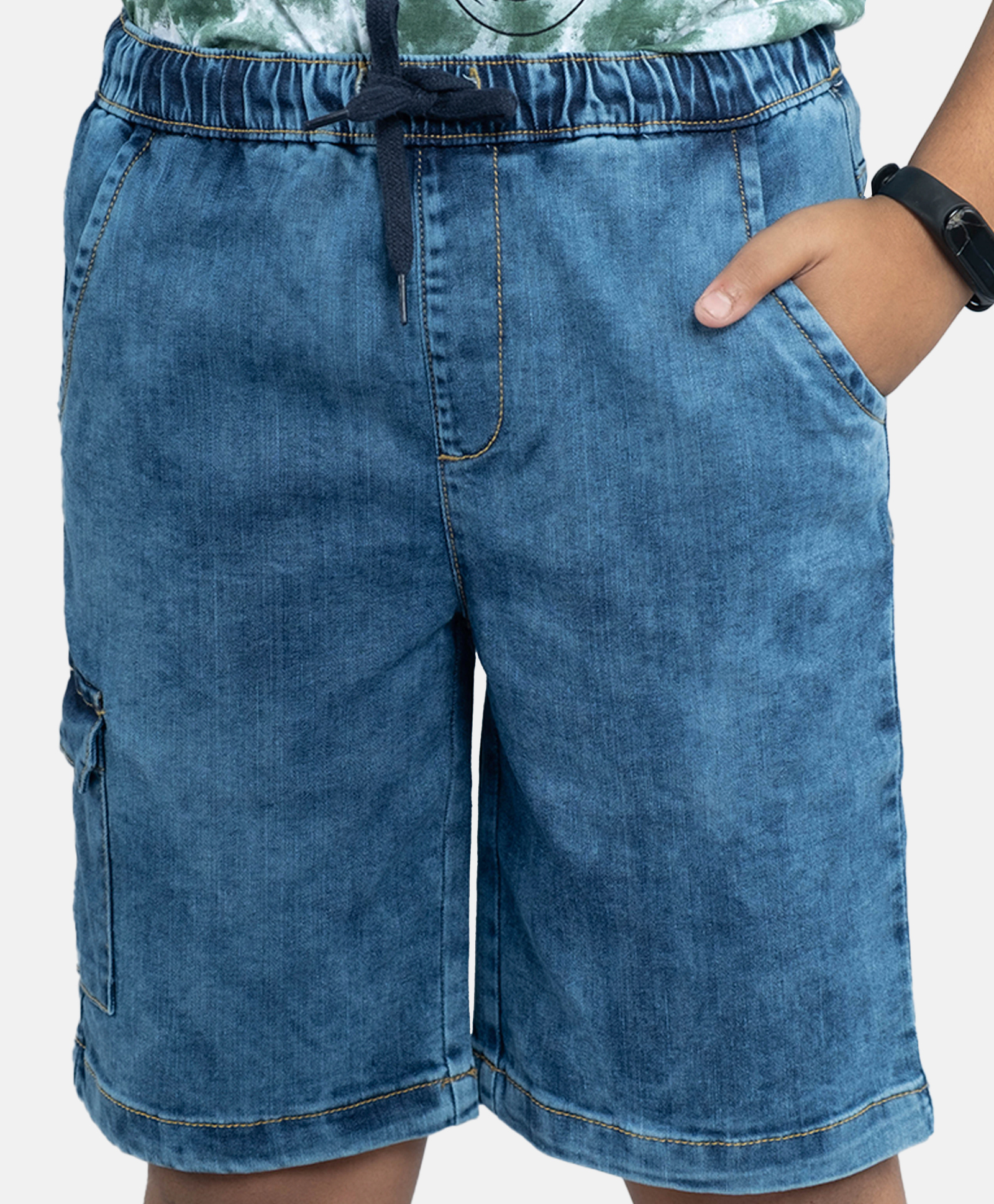 Kiddopanti Solid  Denim Cargo Shorts - Medium Rag Wash Blue-picture-13