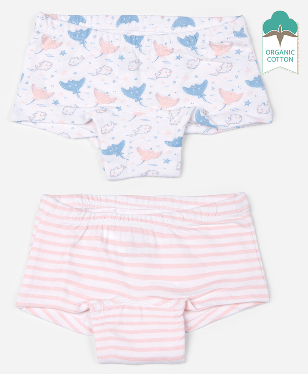 Keebee Organics Pack Of 2 Enchanted Ocean Printed & Striped Organic Cotton Boy Shorts Panties - White-image-4