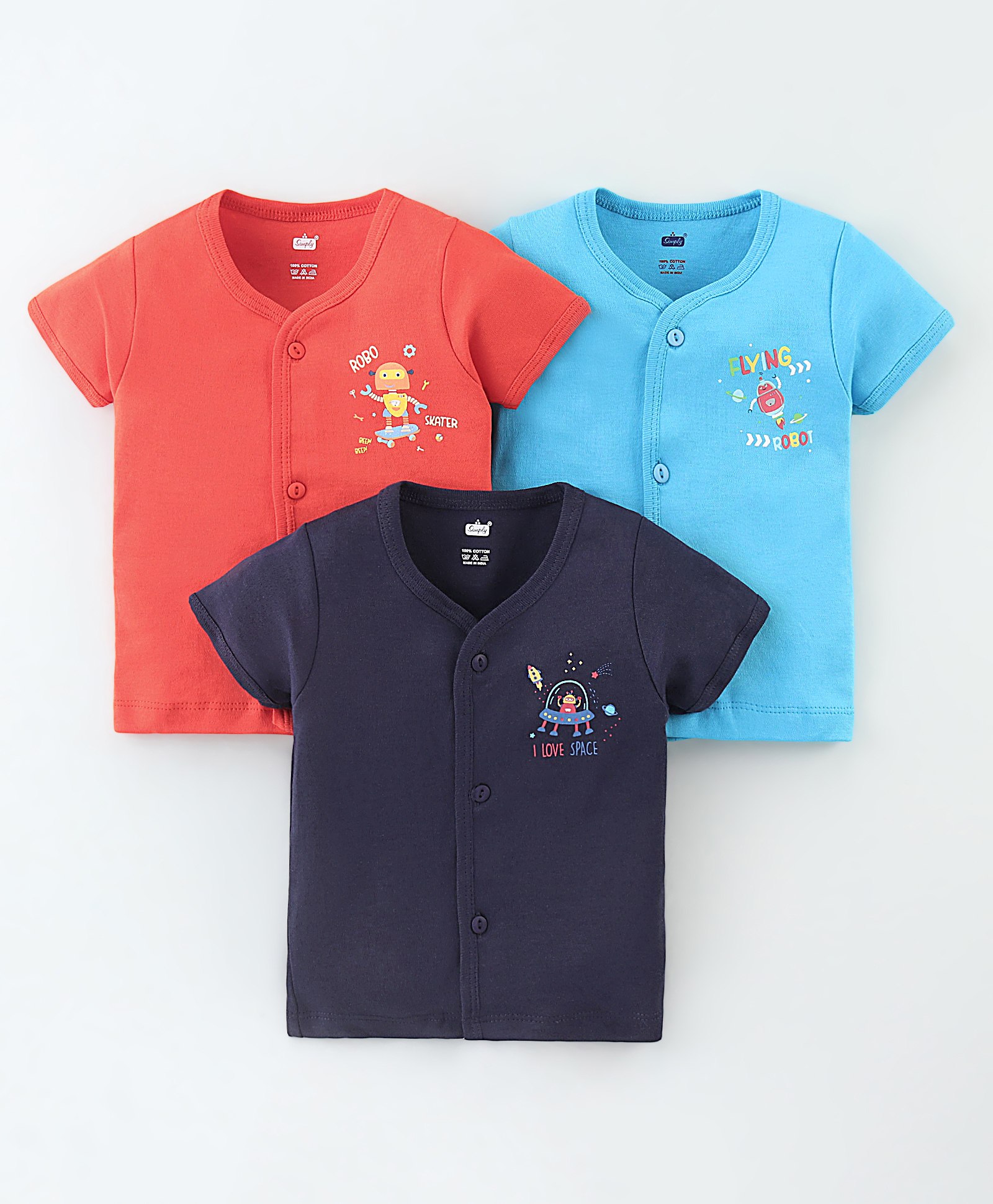 Simply Cotton Interlock Knit Half Sleeves Vests Robot Print Pack Of 3 - Orange & Navy Blue-image-9