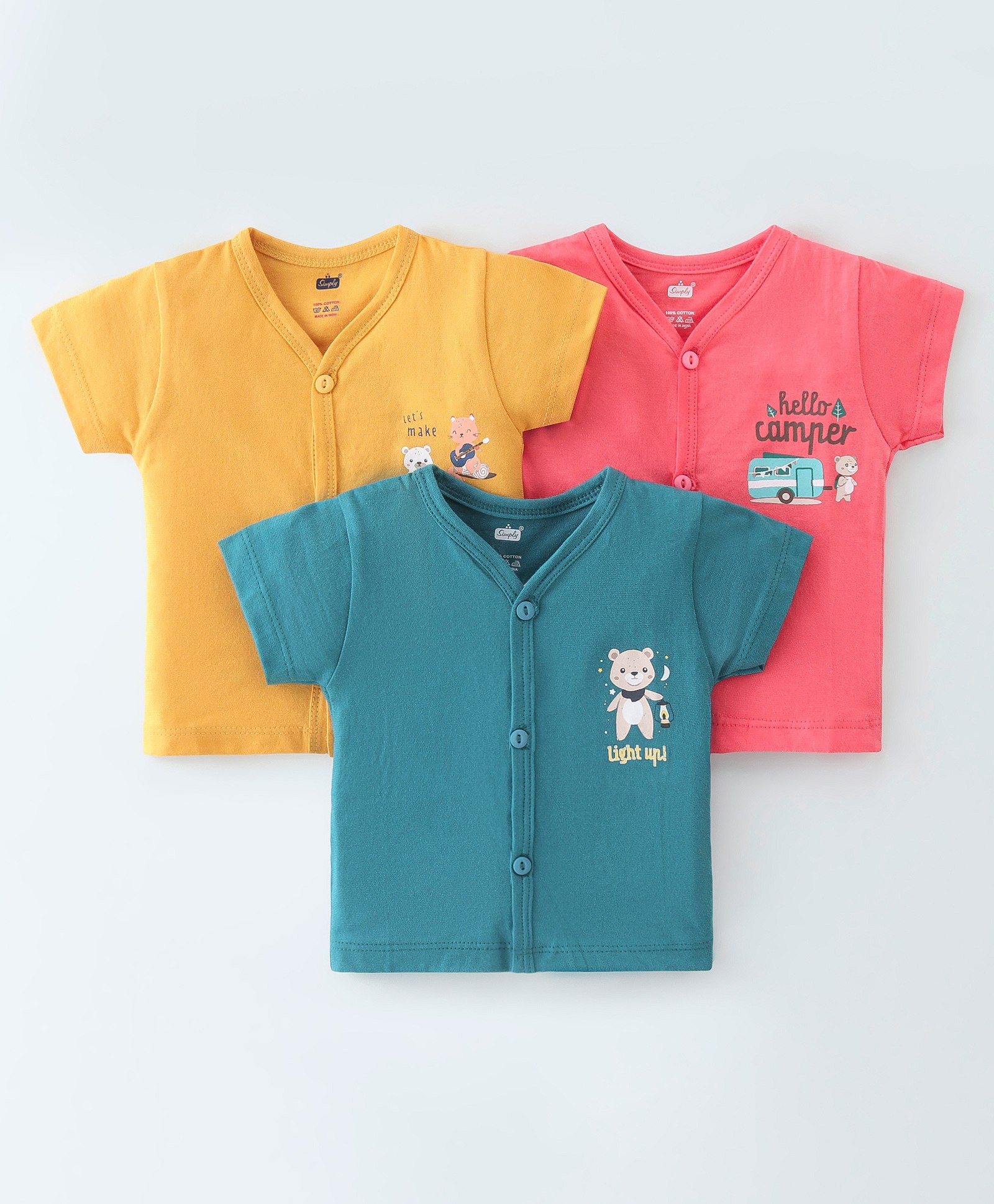 Simply Cotton Interlock Knit Half Sleeves Vests Bear Print Pack Of 3 - Green Peach & Yellow-image-16