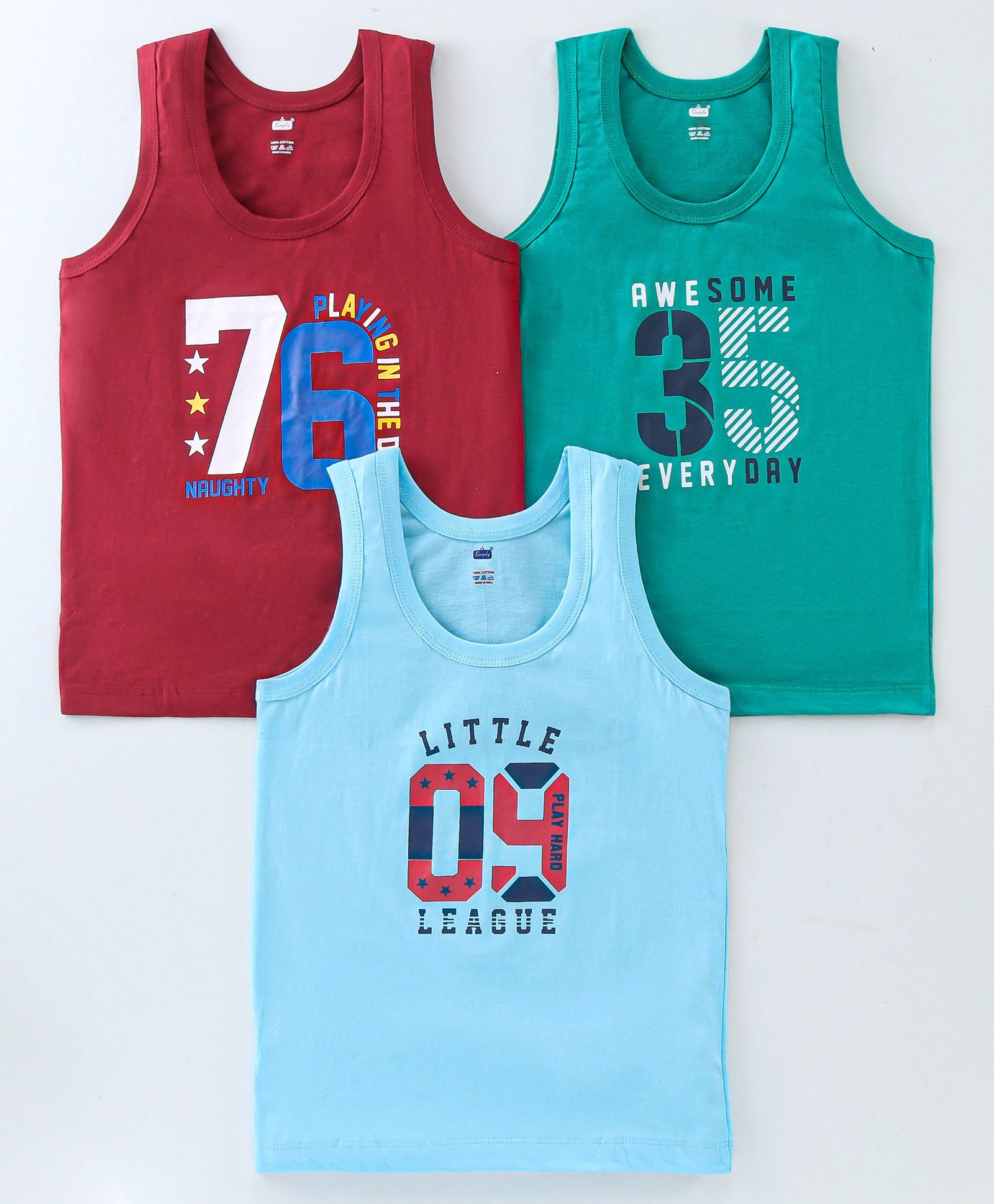 Simply Cotton Interlock Knit Sleeveless Vests Number Print Pack Of 3 - Sky Blue Green & Red-image-18