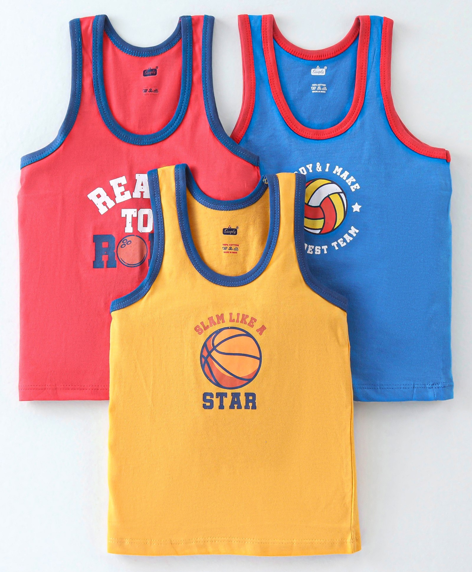 Simply Interlock  Sleeveless Set Of Vest With Basketball Print Pack Of 3 - Red Yellow & Blue-picture-19