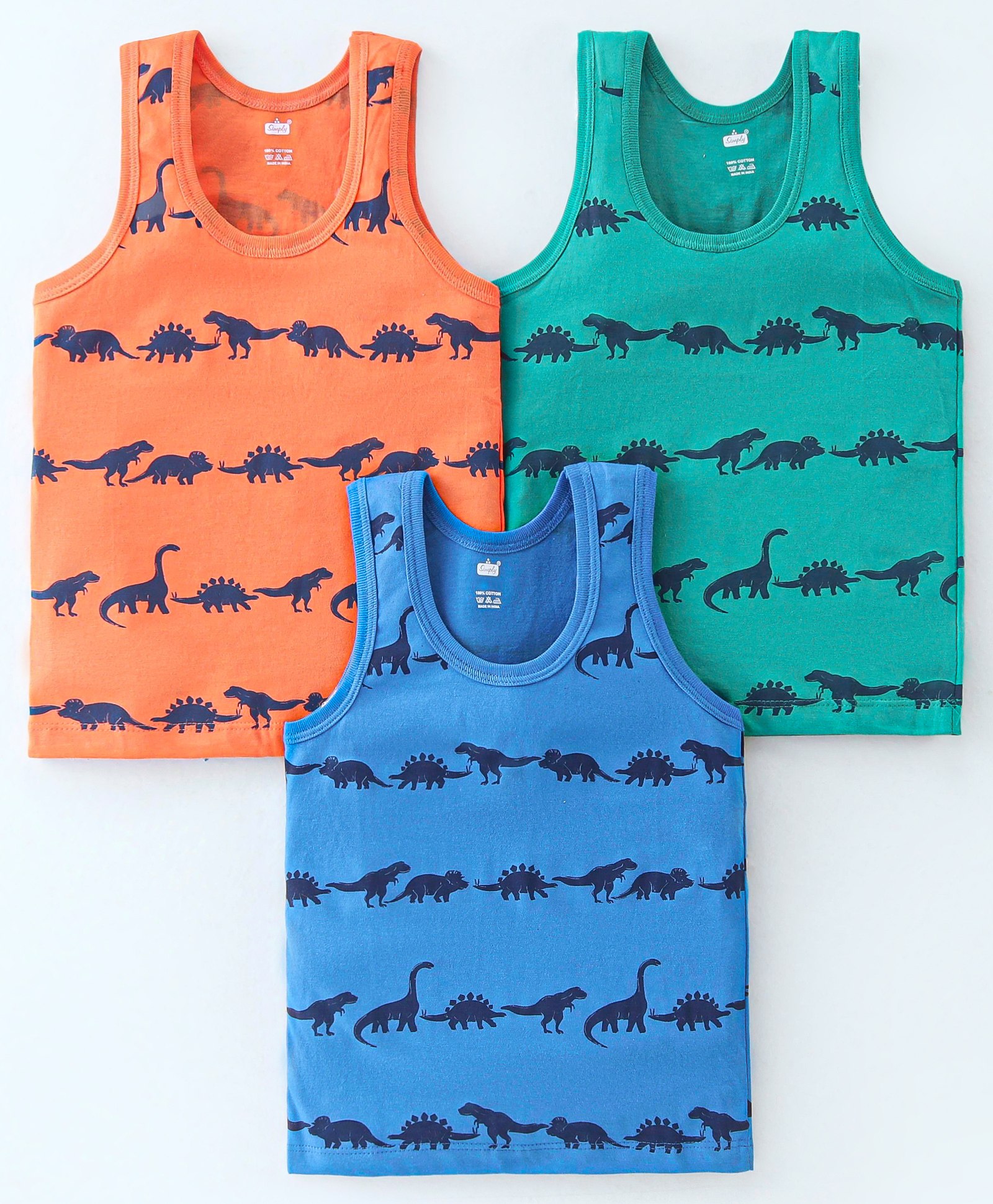 Simply Cotton Interlock Knit Sleeveless Vest Dino Print Pack Of 3 - Orange Green & Blue-image-13