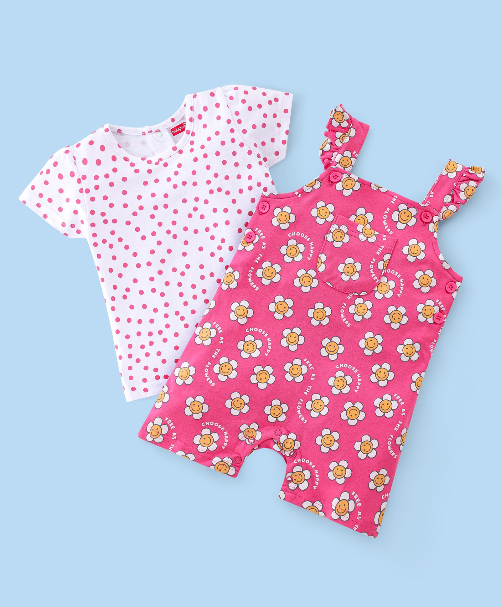 Babyhug Cotton Knit Floral Printed Dungaree Style Romper & Half Sleeves Inner T-Shirt Polka Dot Print  - White & Pink-image-20