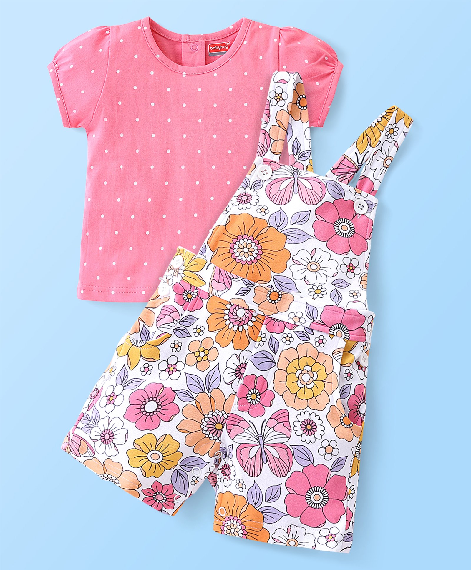 Babyhug Single Jersey Cotton Knit Dungaree & Half Sleeves Inner Tee Set Floral Print - Multicolour-picture-12