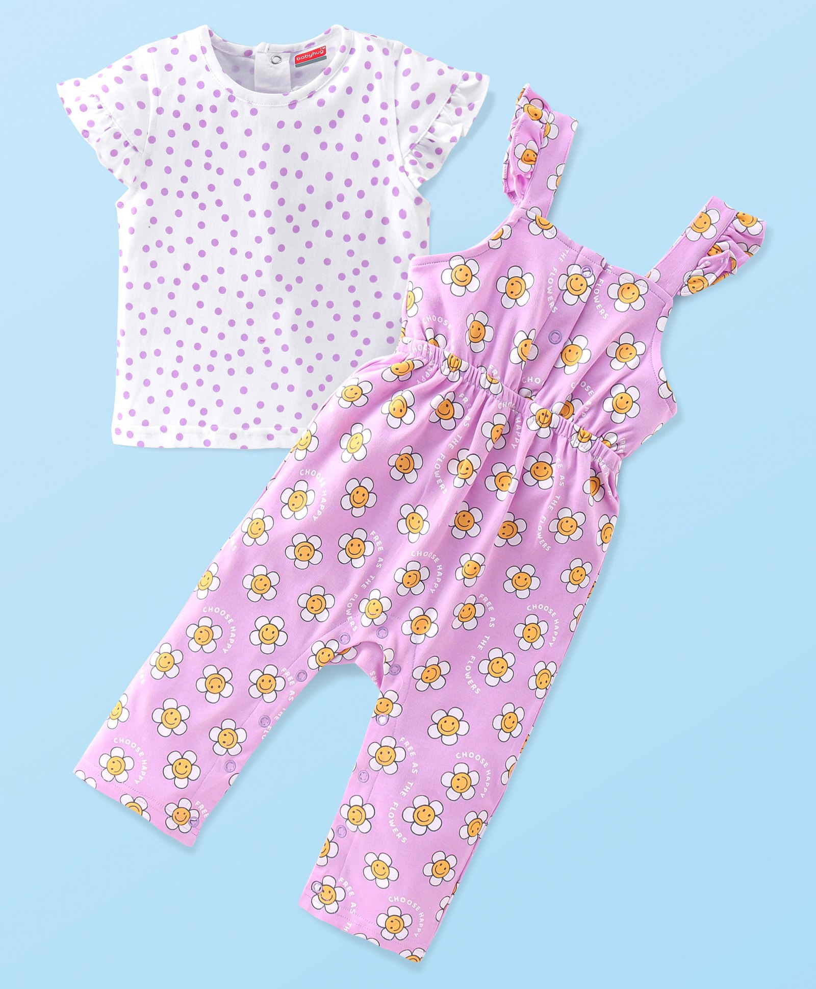 Babyhug 100% Cotton Knit Single Jersey Dungarees & Half Sleeves T-Shirt With Floral Print - White & Lilac-image-2