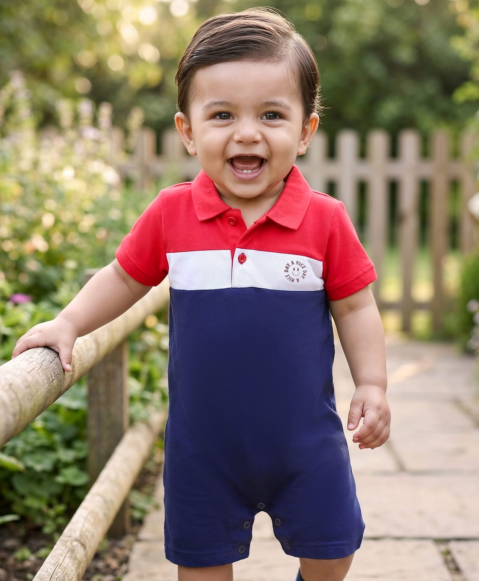 Babyhug 100% Cotton Knit Interlock Half Sleeves Romper With Text Print - White Red & Navy Blue-image-0