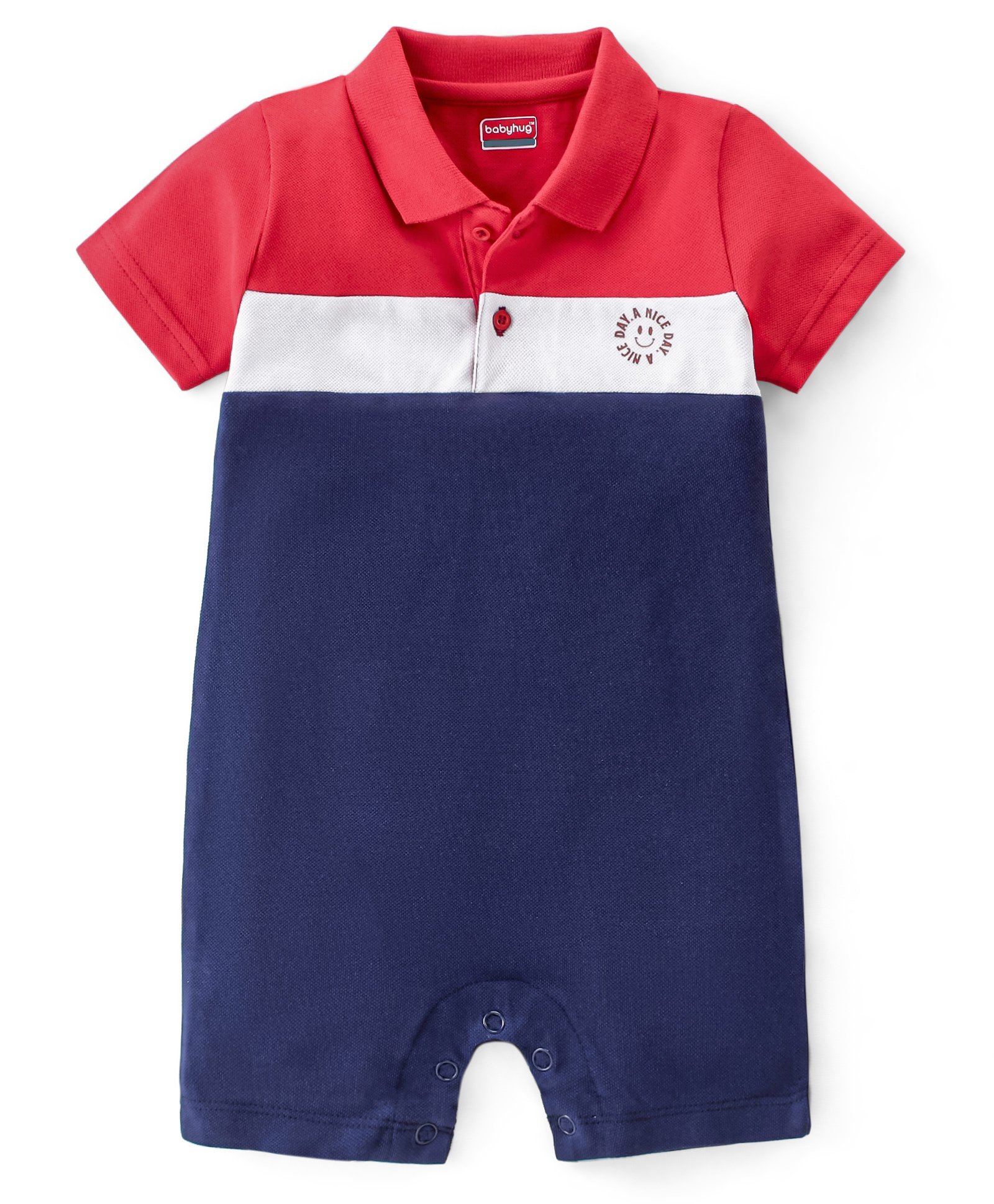 Babyhug 100% Cotton Knit Interlock Half Sleeves Romper With Text Print - White Red & Navy Blue