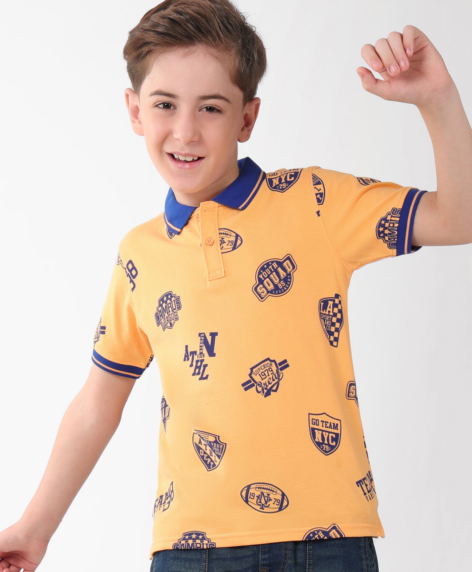 Pine Kids Cotton Knit Half Sleeves Polo T-Shirt Sports Theme Print - Orange-picture-26