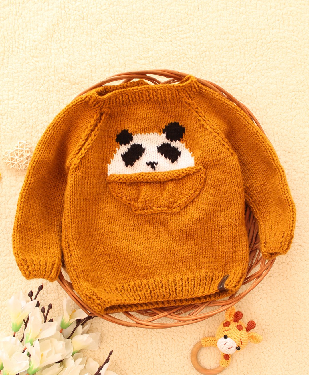 Woonie Raglan Full Sleeves Panda Pocket Detailed  Hand Knitted Acrylic Sweater - Mustard Yellow-image-29
