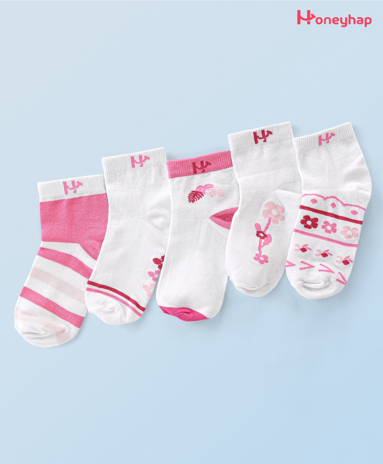 Honeyhap Premium Cotton Bamboo Non Terry Ankle Length Set Of Socks With Bio Finish Floral Design Pack Of 5 - Bright White-picture-28
