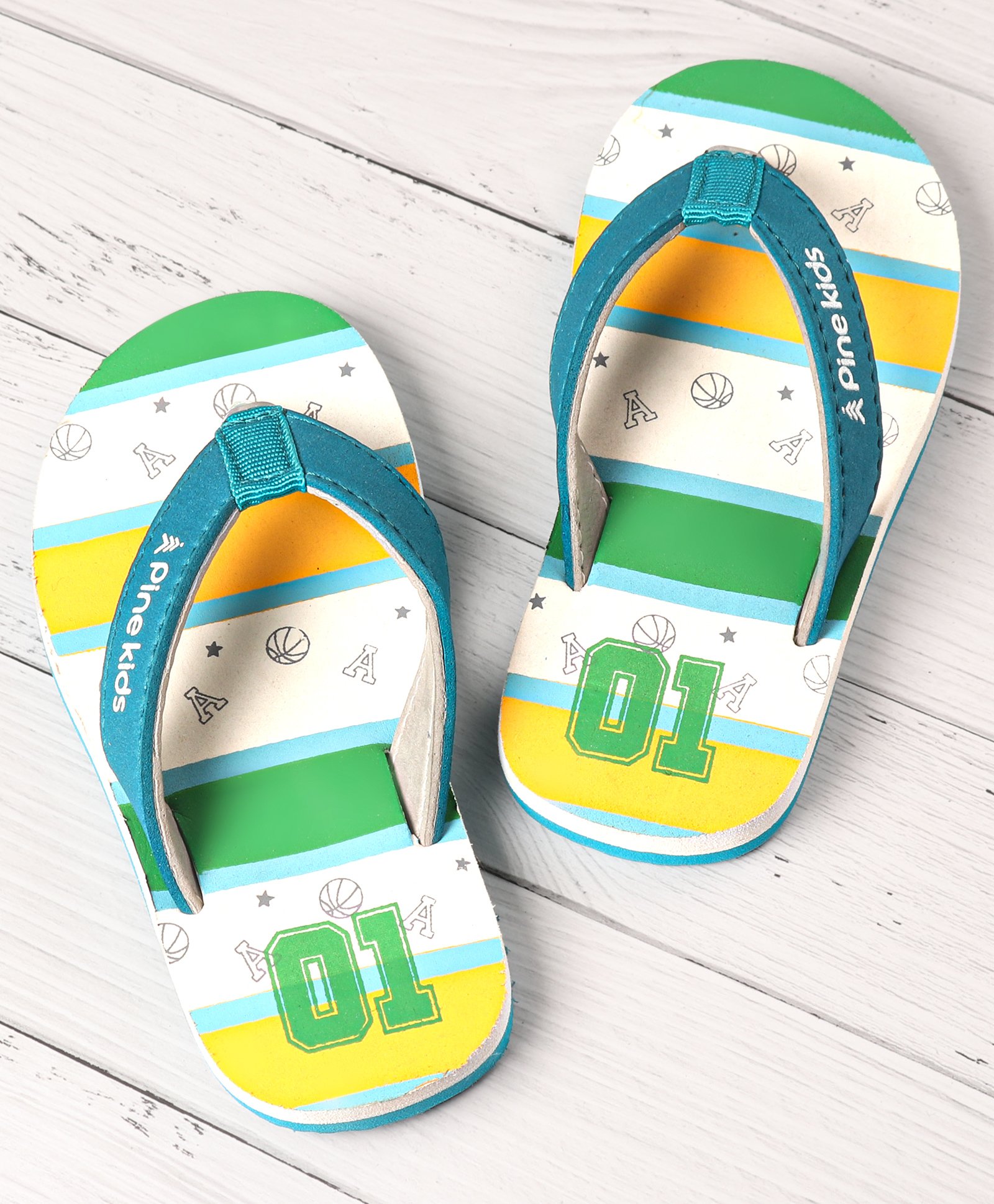 Pine Kids Slip On Flip Flops Basketball Print - Green White & Blue-image-39