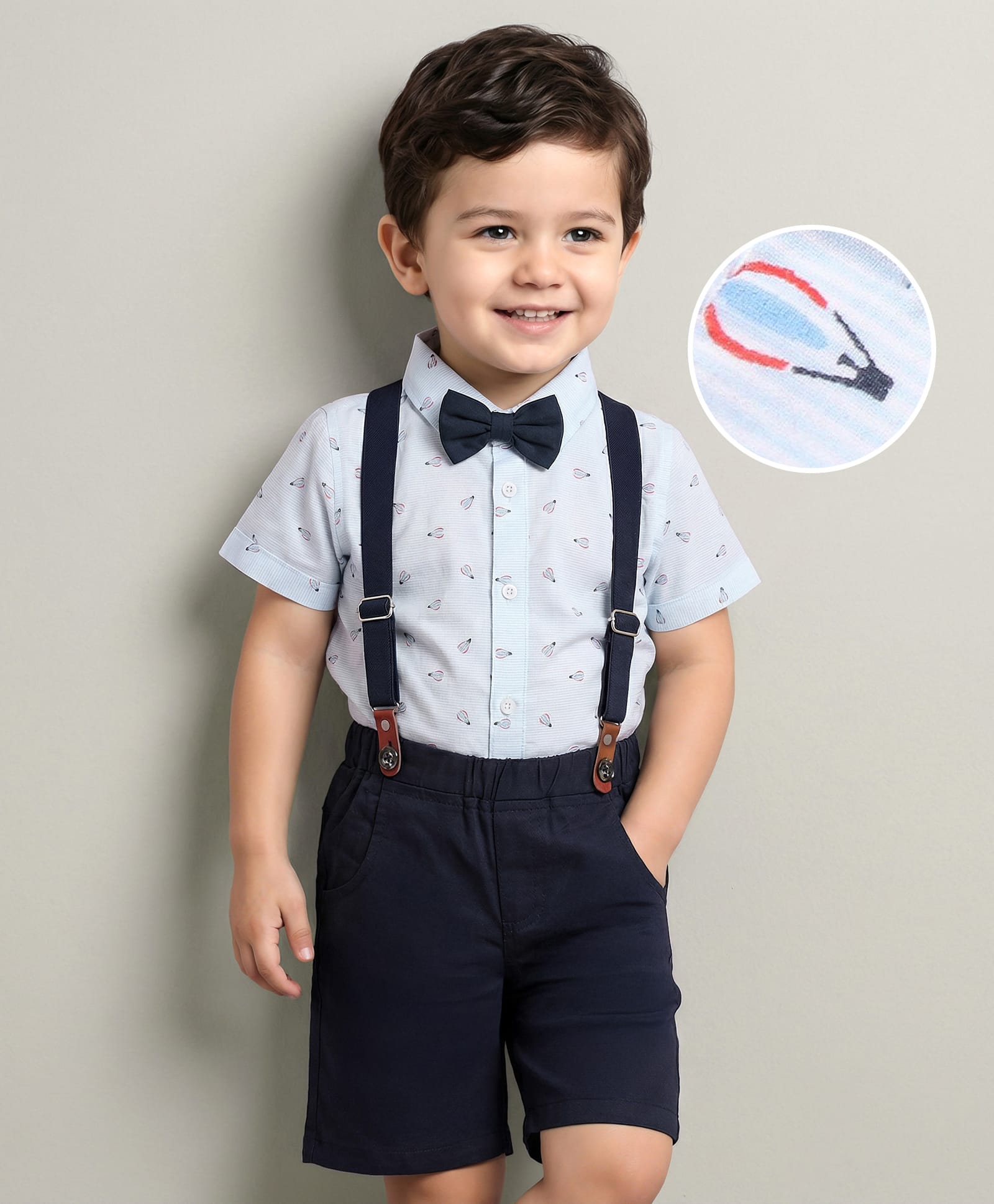 Mark & Mia Half Sleeves Printed Party Wear Shirt & Shorts Set with Suspender & Bow - Multicolor-picture-25