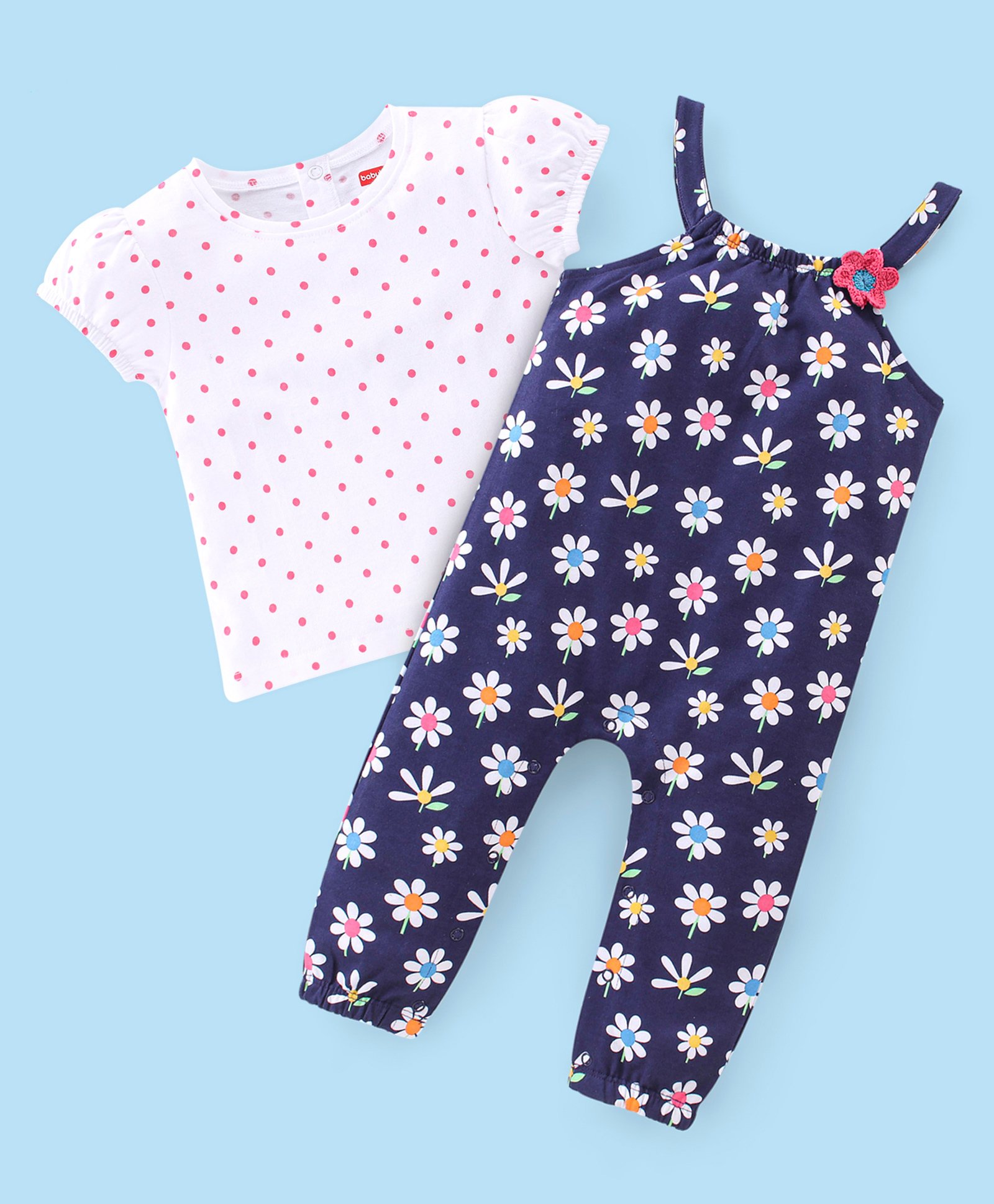 Babyhug Single Jersey Knit Floral Print Dungaree & Half Sleeves T-Shirt Polka Dot Print - Navy Blue & White-image-11