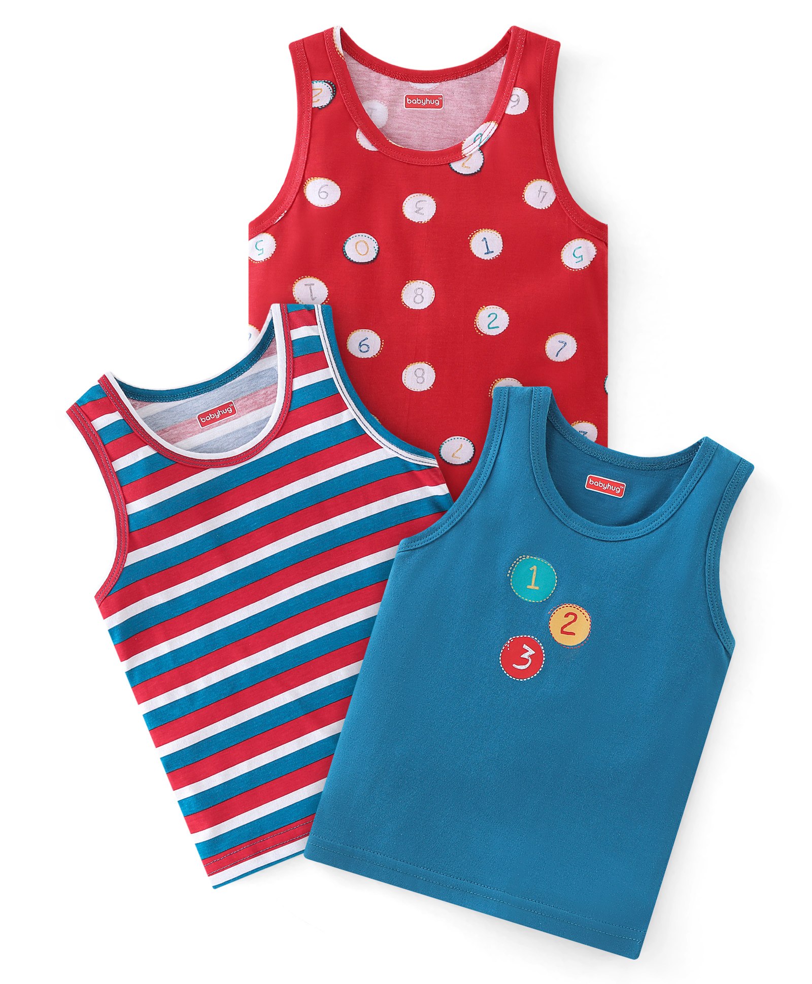 Babyhug 100% Cotton Sando Number Print Pack Of 3 - Red & Blue-image-1