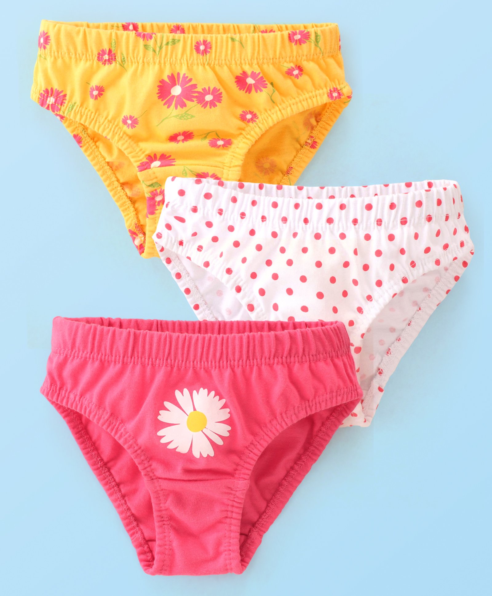 Babyhug 100% Cotton Single Jersey Knit Panties Floral & Polka Dot Print Pack of 3 - Yellow Pink & White-image-14